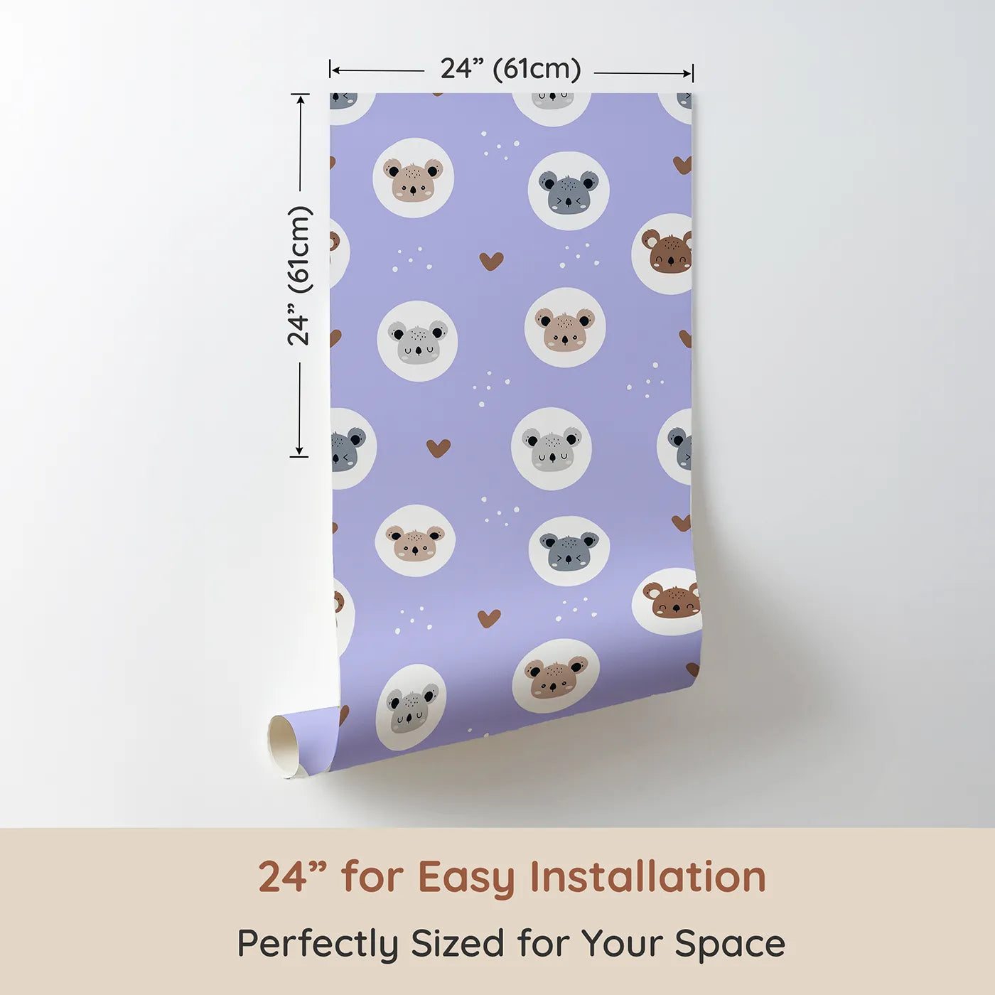 Dimension view of Whimsy Tots Cuddly Koala Circle Wallpaper in Lavender Mist (W3500E). Printed in 24-inch-wide panel for easy installation. Koala faces smile and snooze on a soft purple sky of floating love.