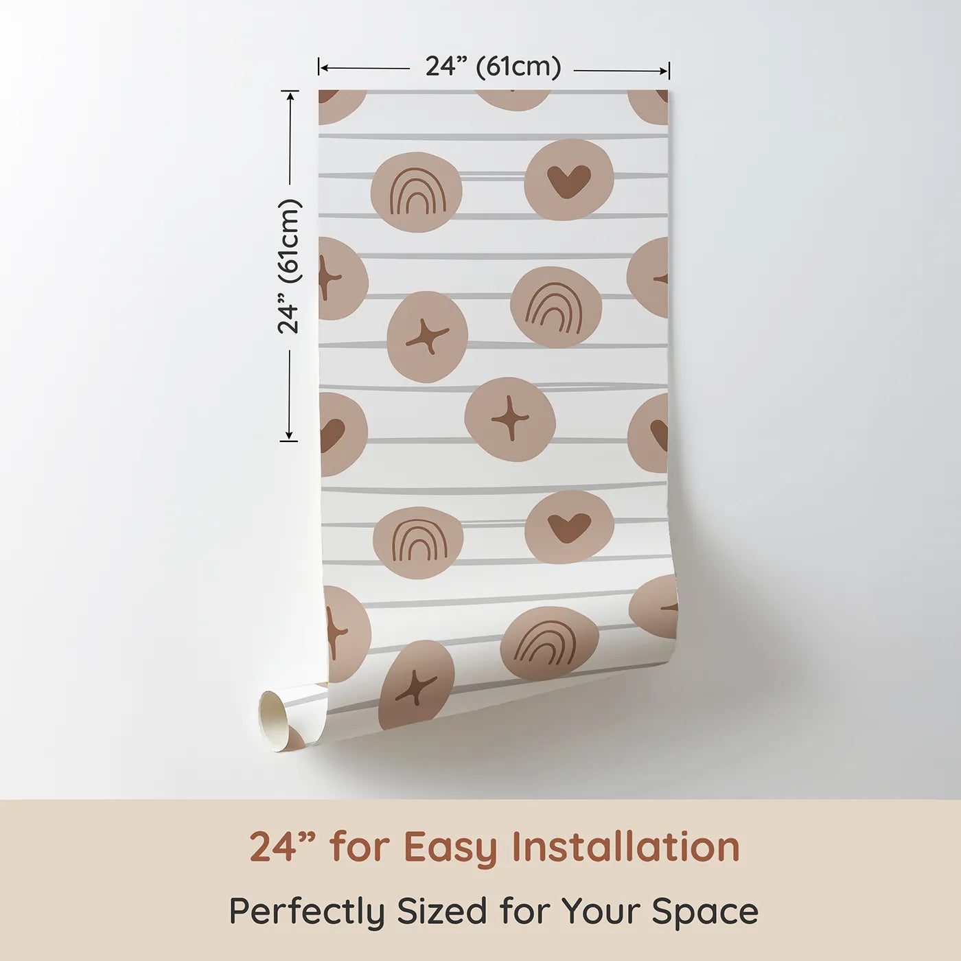 Dimension view of Whimsy Tots Boho Rhythm Doodle Wallpaper in Soft White (W3501A). Printed in 24-inch-wide panel for easy installation. Whimsical shapes dance gently across a soft white sky.