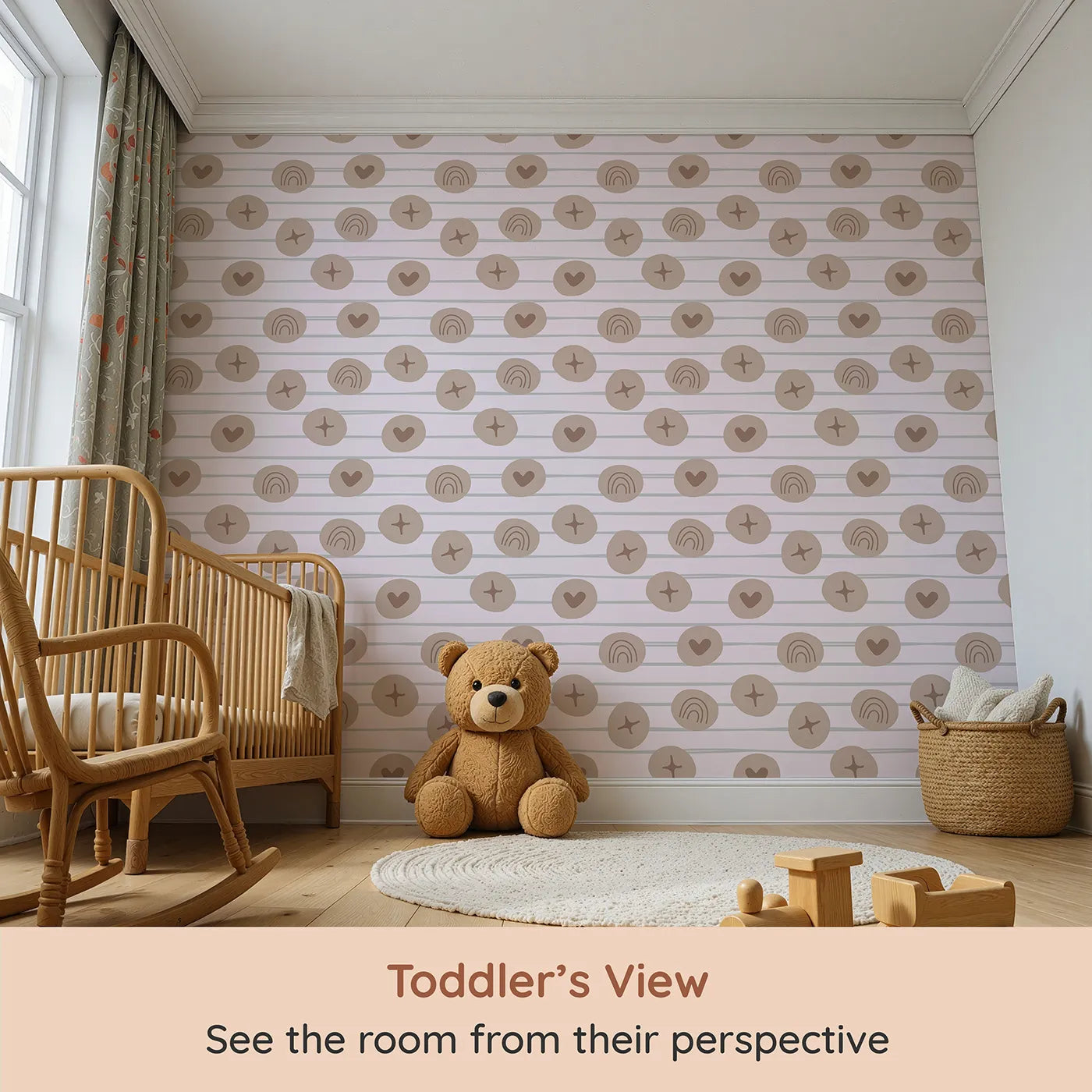 Whimsy Tots Boho Rhythm Doodle Wallpaper in Soft Blush Pink (W3501B) from your child's view.Taupe doodles float gently on a warm blush backdrop.