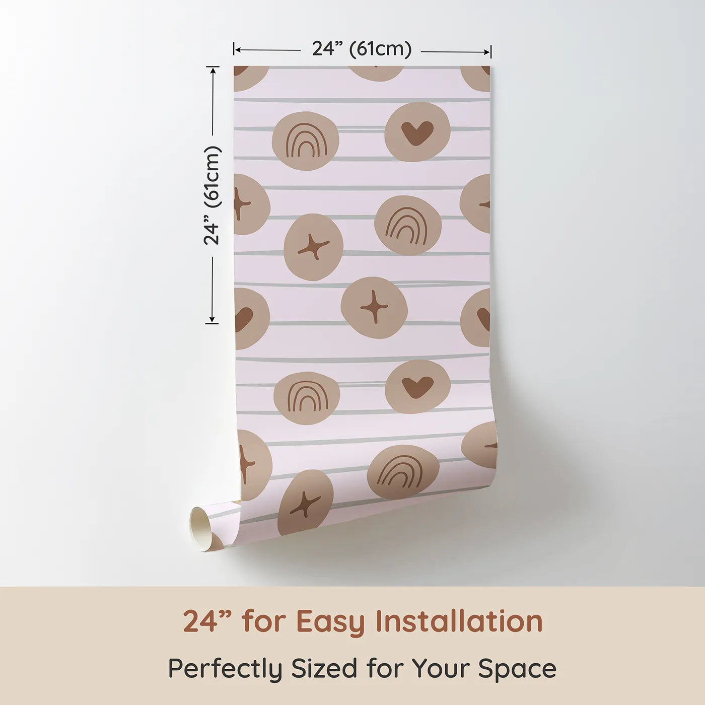 Dimension view of Whimsy Tots Boho Rhythm Doodle Wallpaper in Soft Blush Pink (W3501B). Printed in 24-inch-wide panel for easy installation. Taupe doodles float gently on a warm blush backdrop.