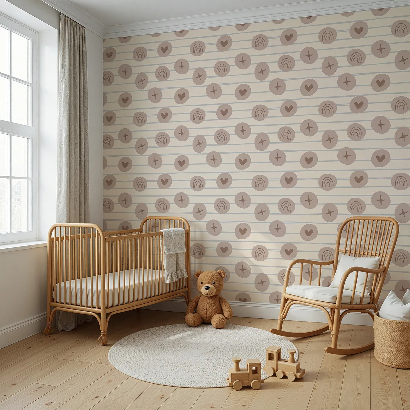 Angled view of Whimsy Tots' Boho Rhythm Doodle Wallpaper in Soft Beige (W3501C).Warm doodles dance gently across a soft beige canvas.