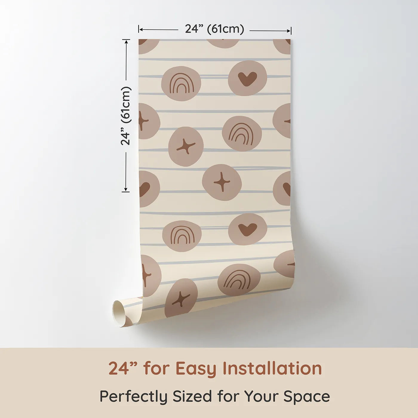 Dimension view of Whimsy Tots Boho Rhythm Doodle Wallpaper in Soft Beige (W3501C). Printed in 24-inch-wide panel for easy installation. Warm doodles dance gently across a soft beige canvas.