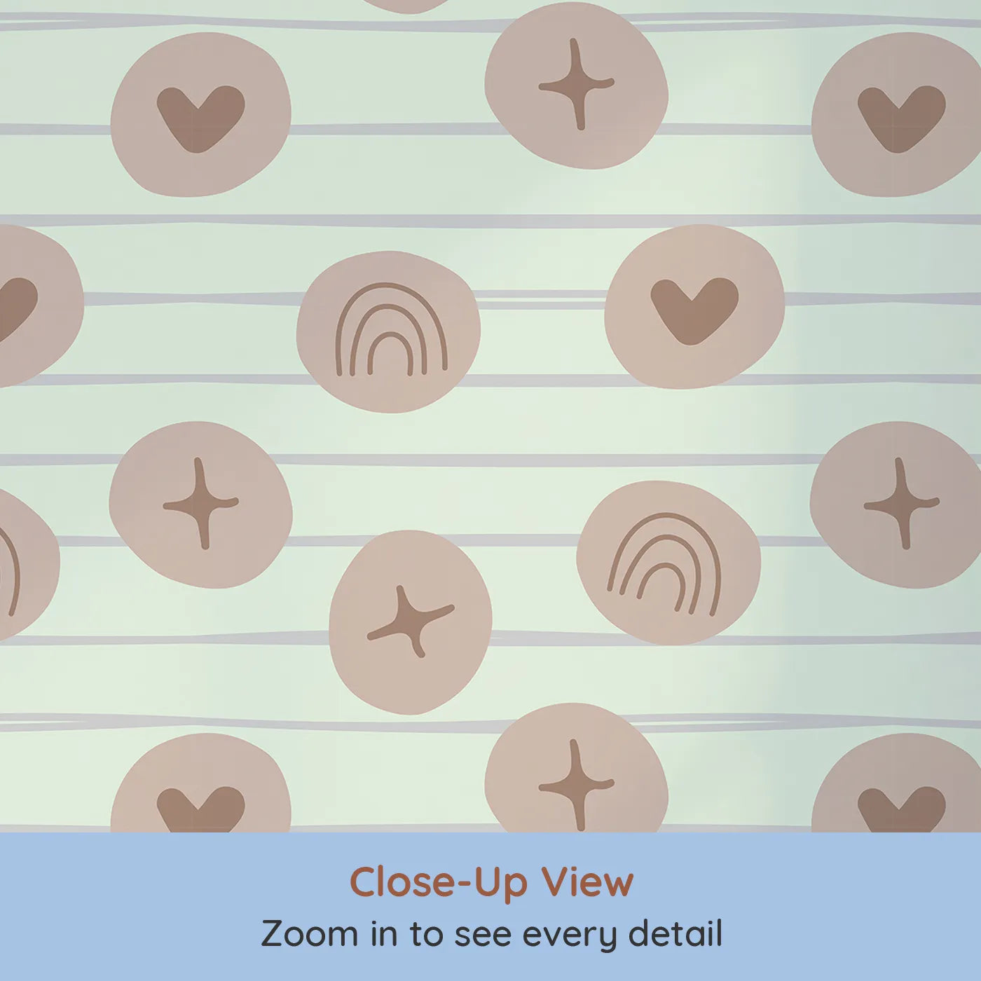 Close-up view of Whimsy Tots' Boho Rhythm Doodle Wallpaper in Mint Green (W3501D).Soft taupe doodles float across a clean mint green sky.