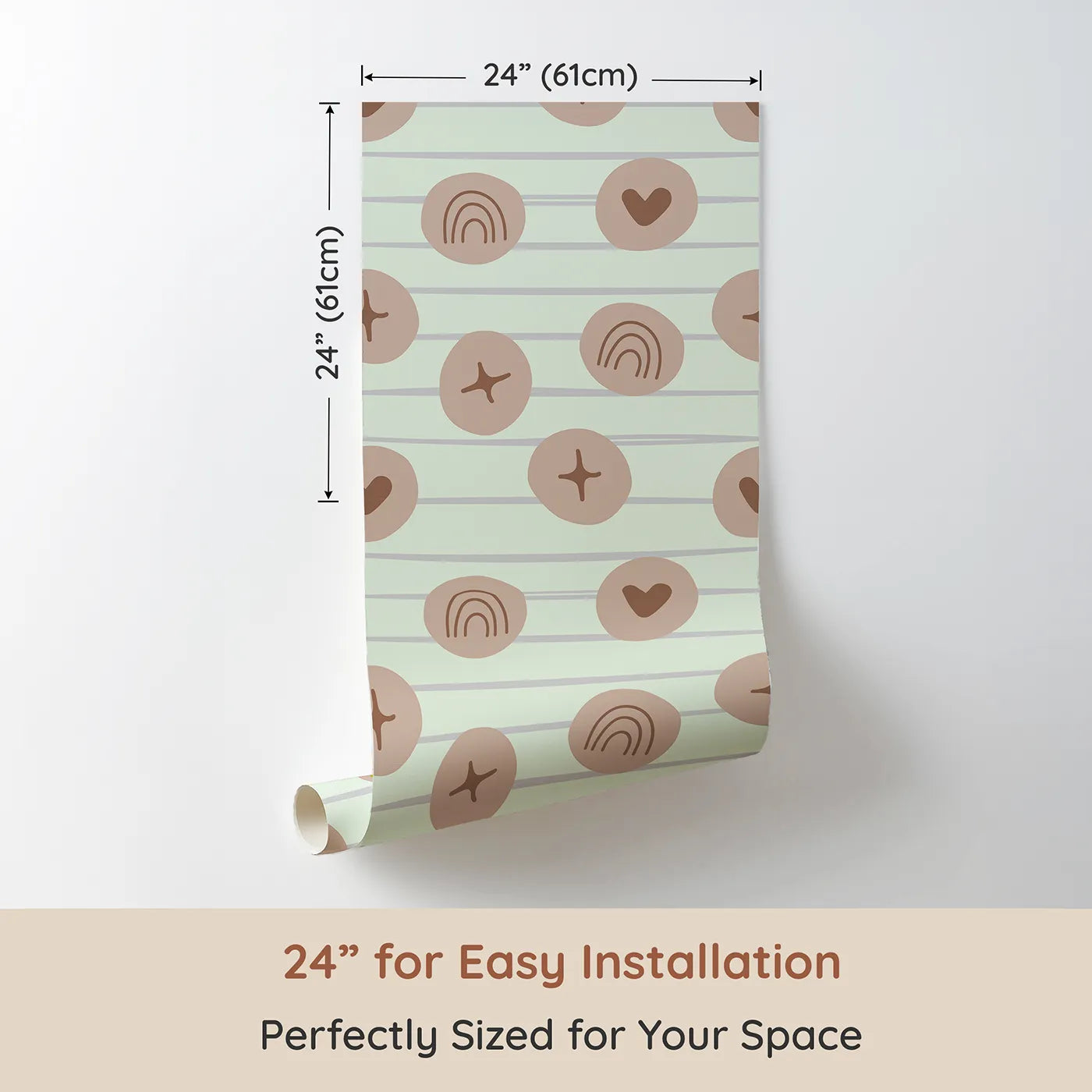 Dimension view of Whimsy Tots Boho Rhythm Doodle Wallpaper in Mint Green (W3501D). Printed in 24-inch-wide panel for easy installation. Soft taupe doodles float across a clean mint green sky.