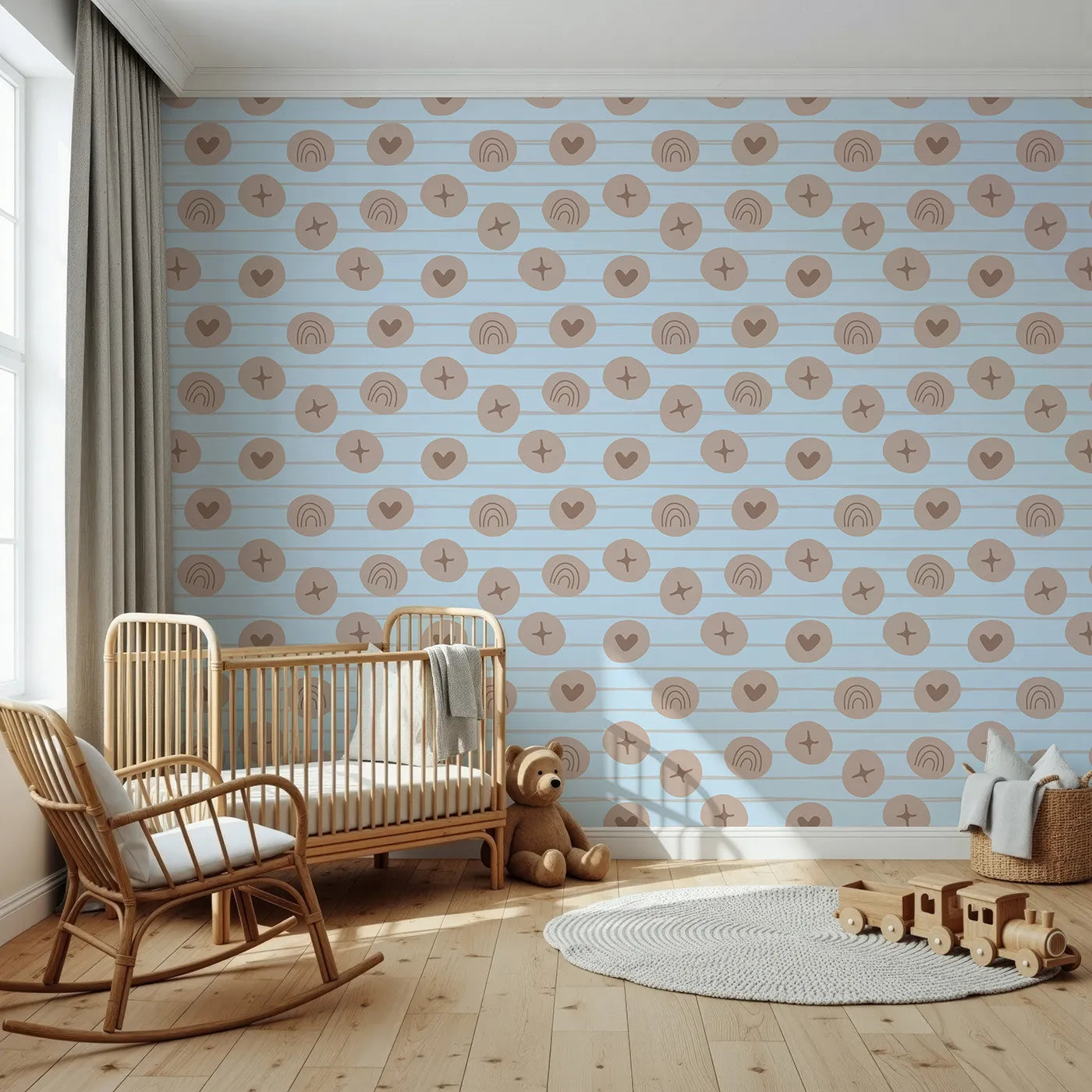 Front view of Whimsy Tots' Boho Rhythm Doodle Wallpaper in Sky Blue