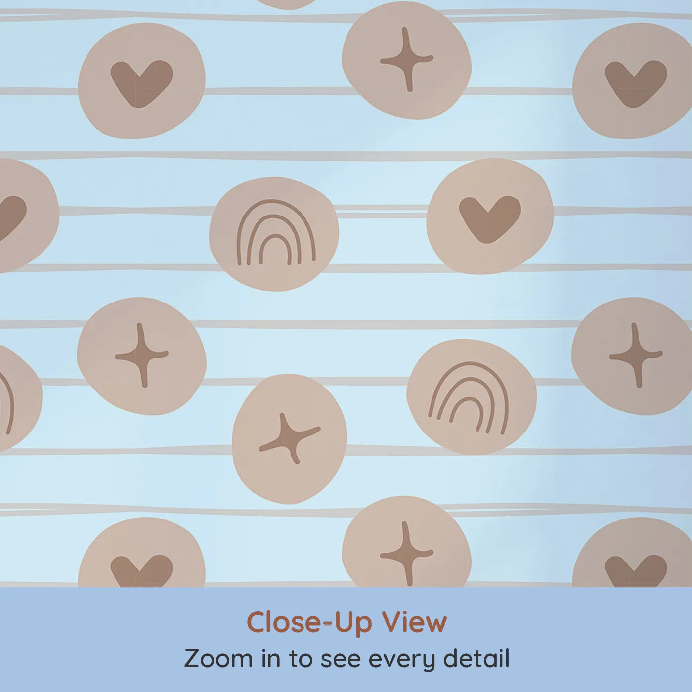 Close-up view of Whimsy Tots' Boho Rhythm Doodle Wallpaper in Sky Blue (W3501E).Earthy doodles drift across a light blue boho sky.