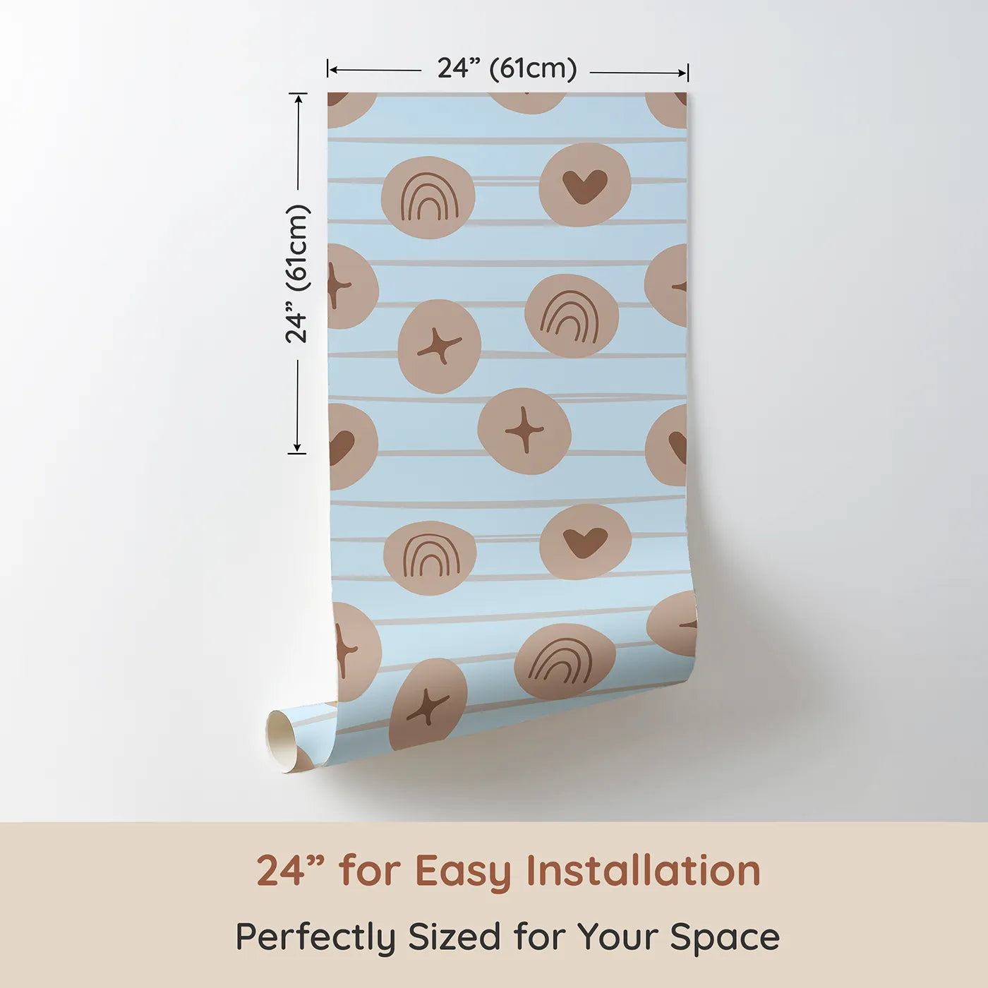 Dimension view of Whimsy Tots Boho Rhythm Doodle Wallpaper in Sky Blue (W3501E). Printed in 24-inch-wide panel for easy installation. Earthy doodles drift across a light blue boho sky.