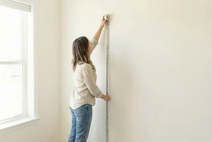 Woman using a metal tape measure to measure the full height of a nursery wall from ceiling to floor.