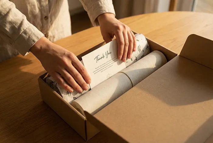 Close-up of hands gently packing a fresh wallpaper roll and a thank you note into a shipping box.