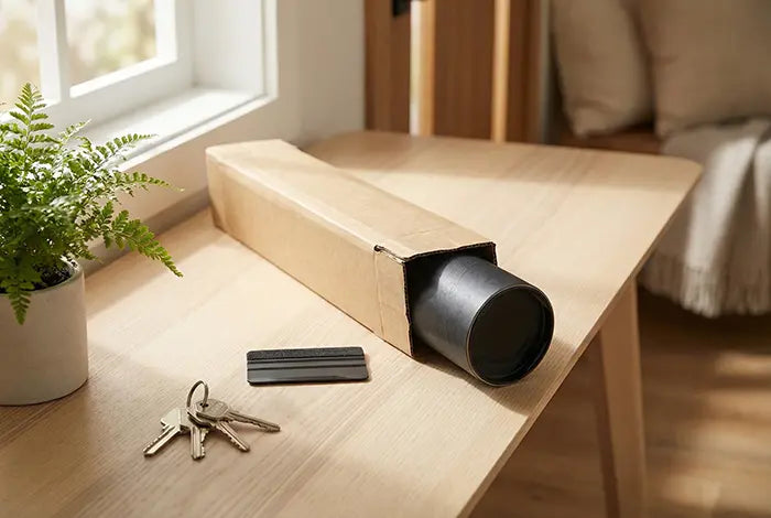 Whimsy Tots wallpaper shipping kit displayed on a table, including a sturdy cardboard box, protective black tube, and installation squeegee.