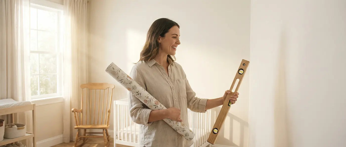 Smiling woman holding a wallpaper roll and spirit level, preparing to install peel and stick wallpaper in a nursery.