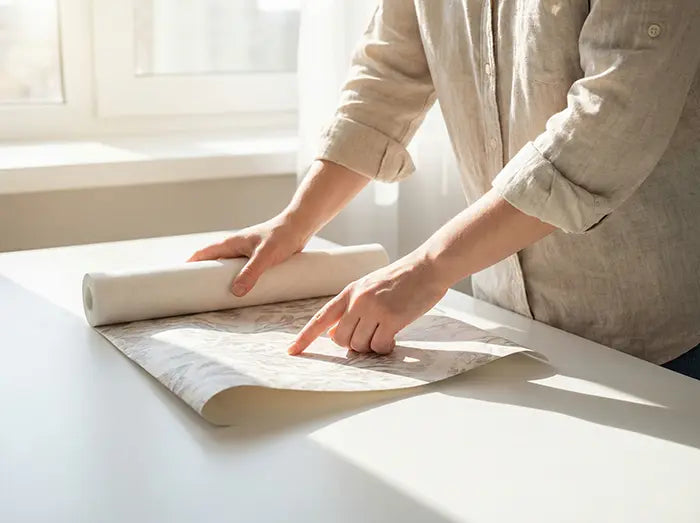 Hands inspecting the print quality and detail of a custom wallpaper roll before shipping.