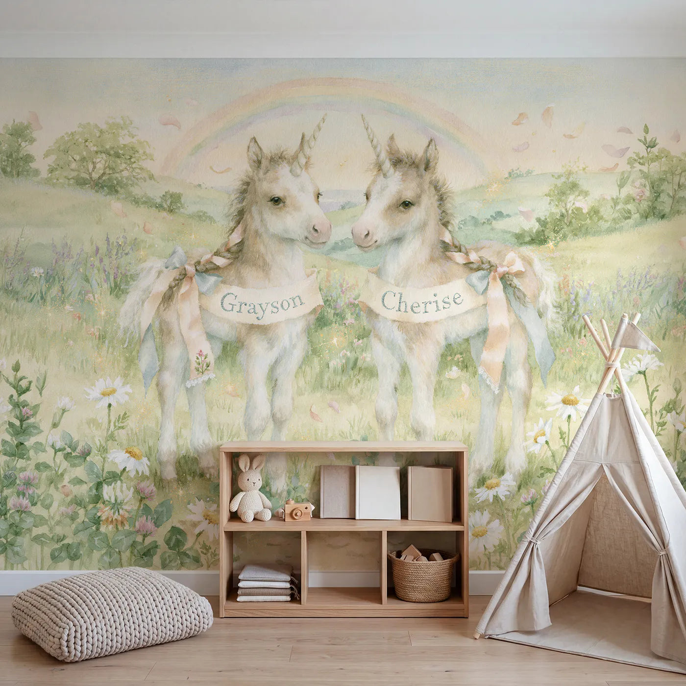 Two Unicorn Foals Personalized Wall Mural in playroom setting by Whimsy Tots