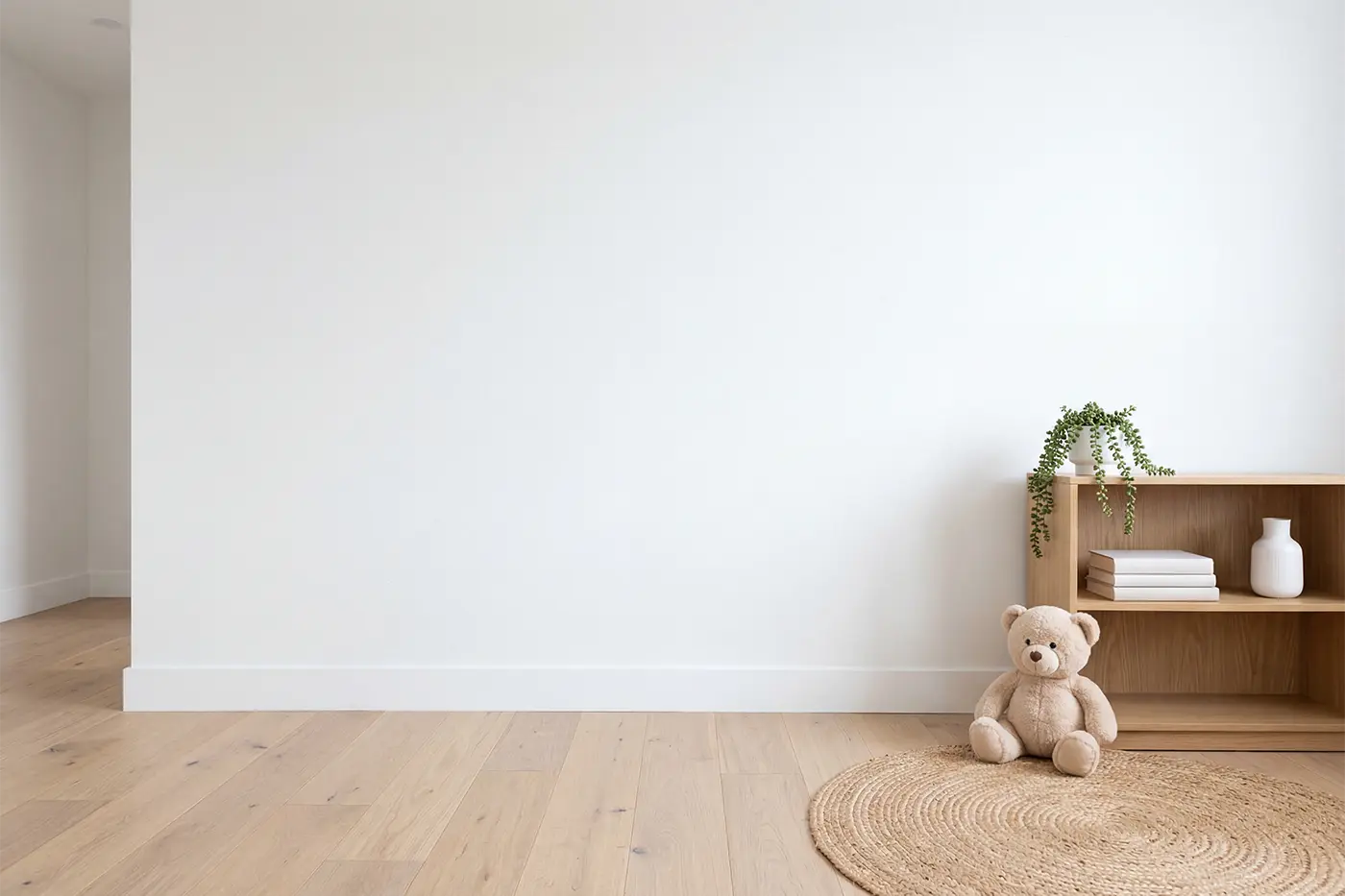 Blank kids room without wallpaper mural installed.