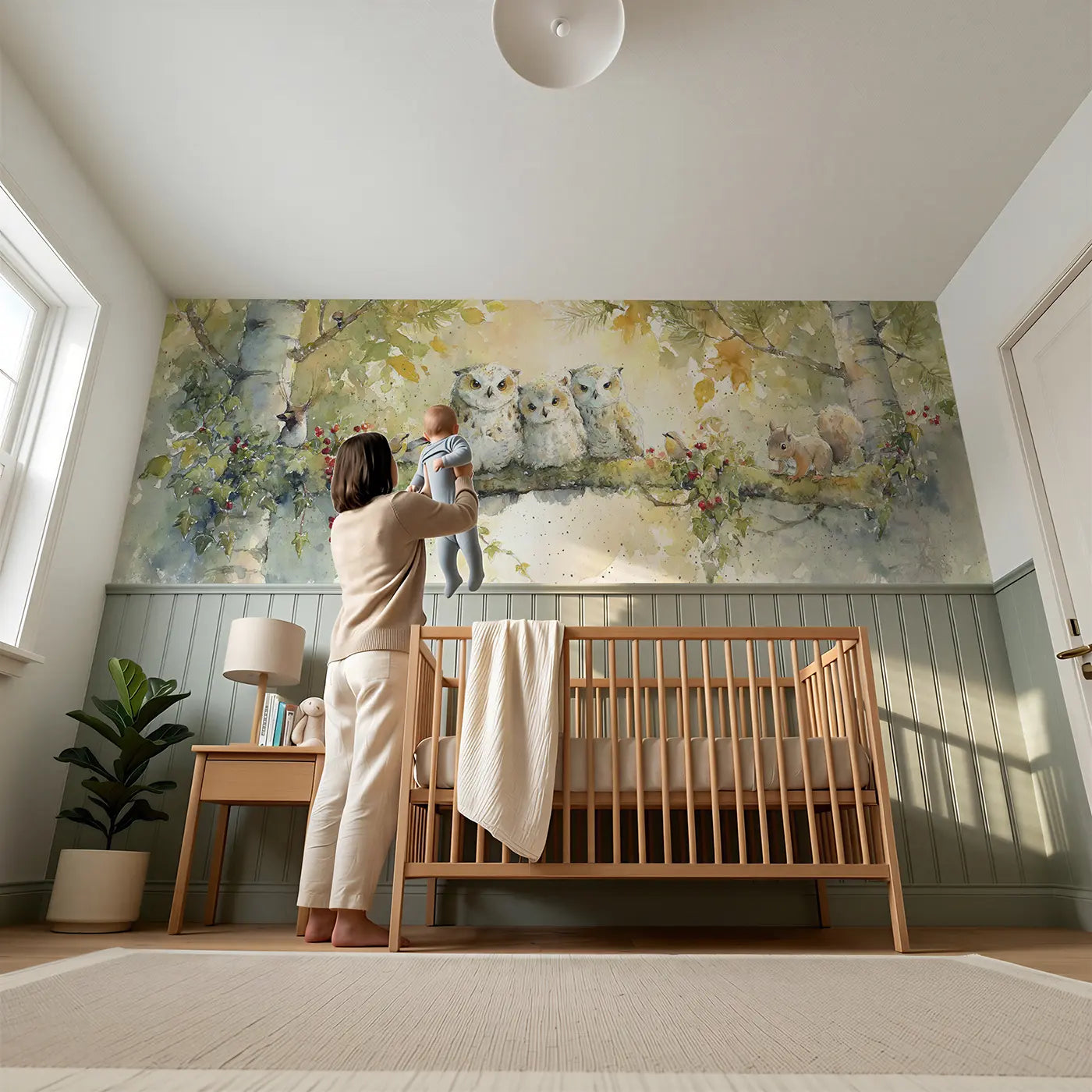Owl Family Morning Canopy Wainscoting Wallpaper
