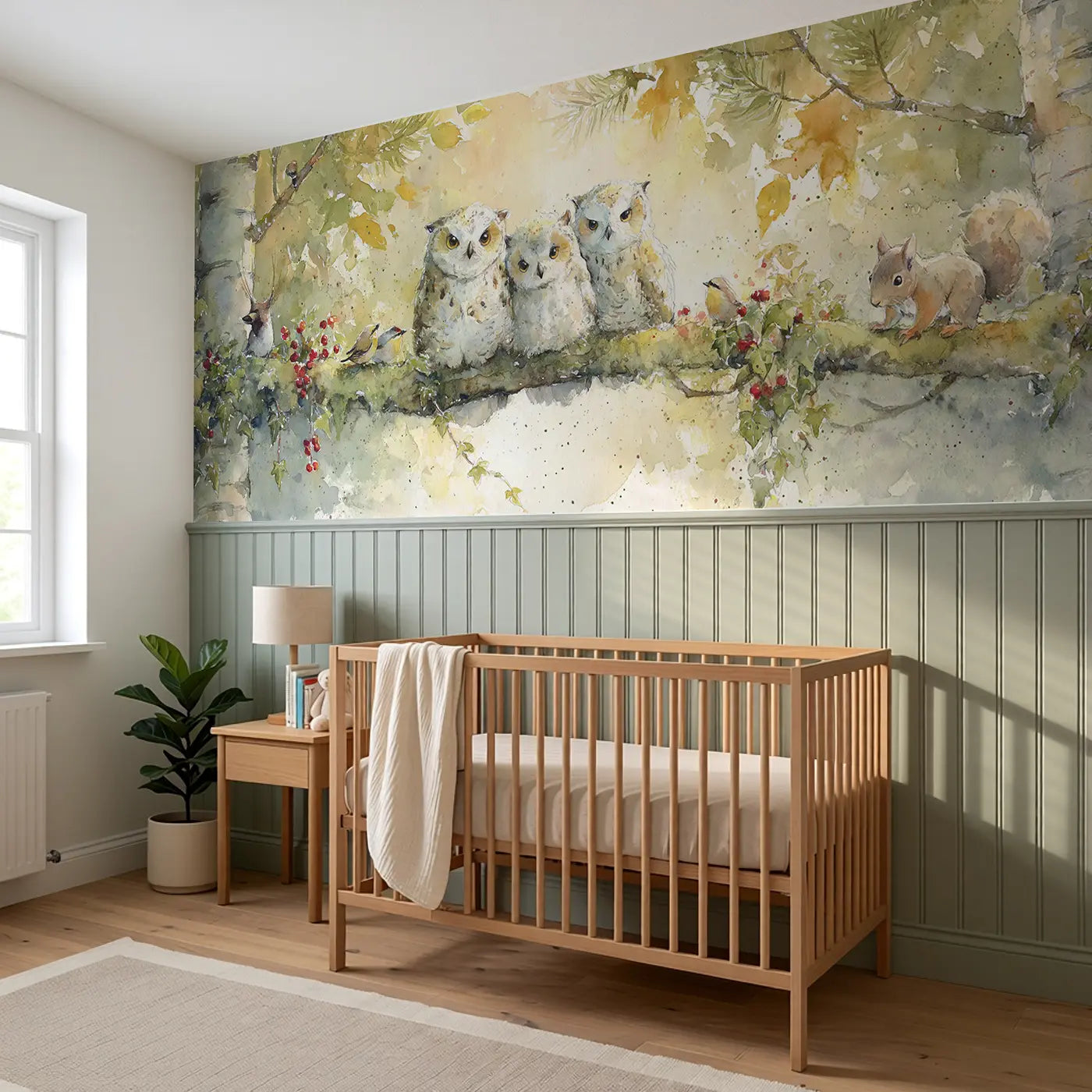 Owl Family Morning Canopy Wainscoting Wallpaper