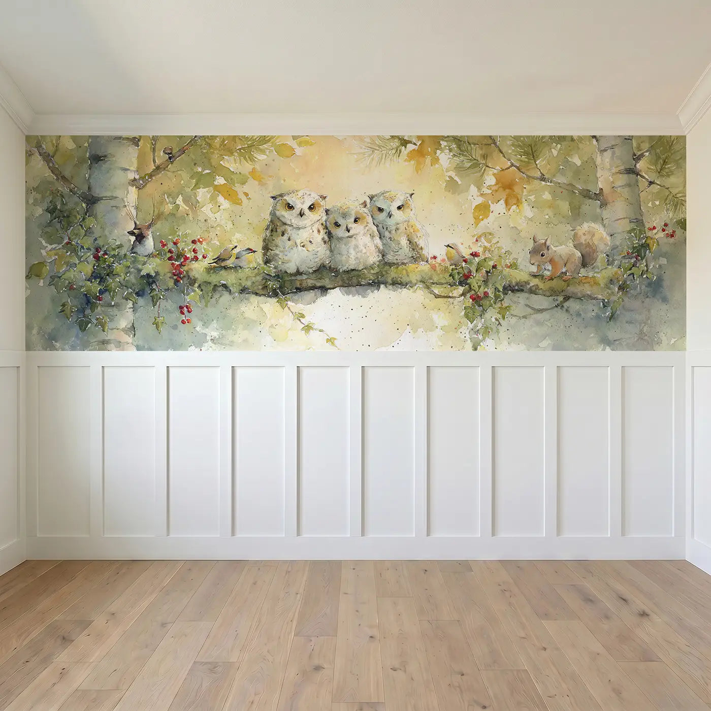 Owl Family Morning Canopy Wainscoting Wallpaper