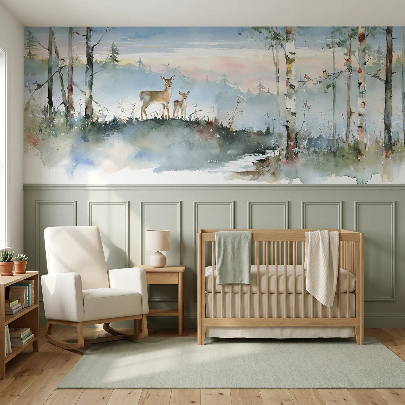 Watercolor deer family in misty pine dawn wainscoting wallpaper for nursery by Whimsy Tots