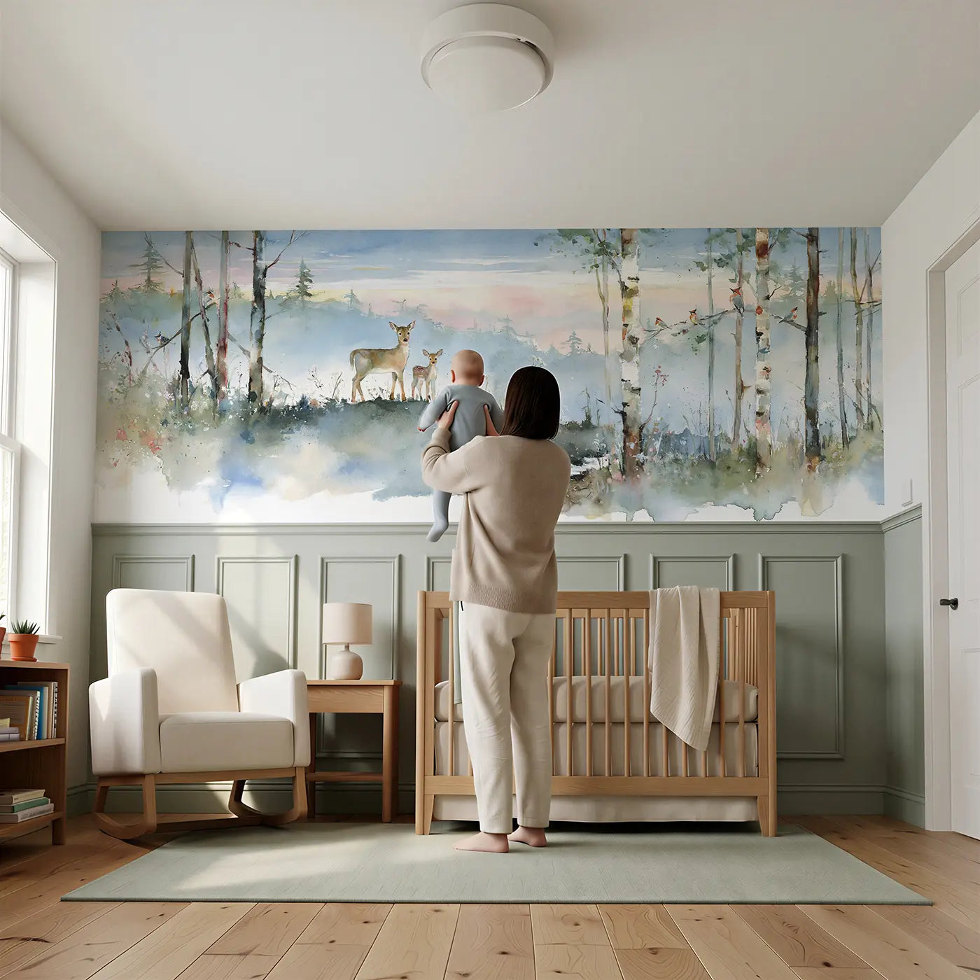 Child reading near Misty Deer Forest Horizon Wainscoting Wallpaper by Whimsy Tots