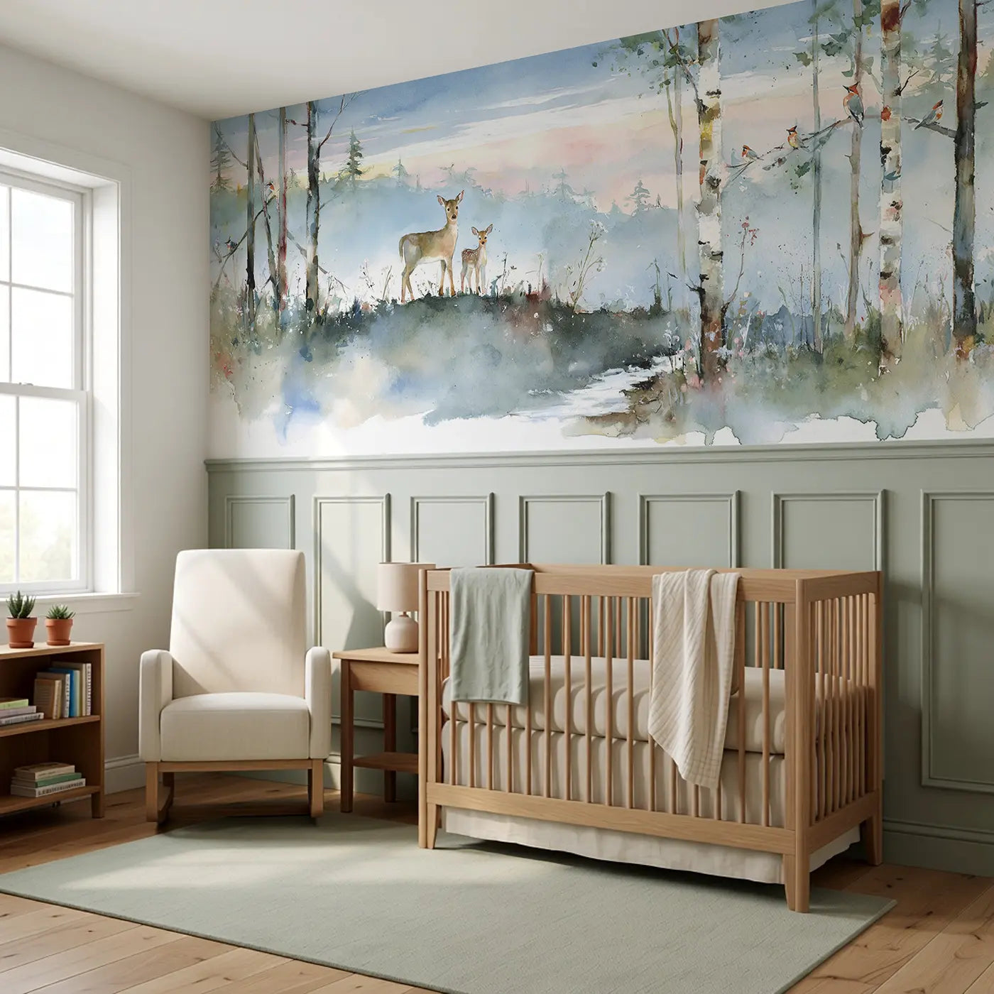Misty Deer Forest Horizon Wainscoting Wallpaper styled in a kids bedroom by Whimsy Tots