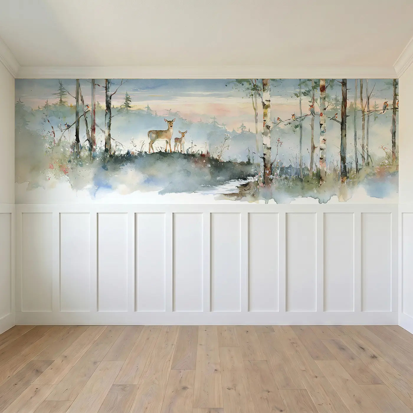 Full panel view of Misty Deer Forest Horizon Wainscoting Wallpaper by Whimsy Tots