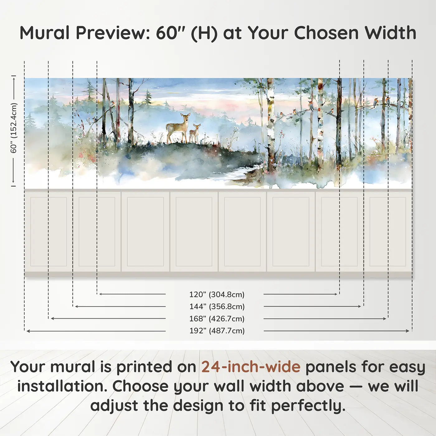 Panel dimensions for Misty Deer Forest Horizon Wainscoting Wallpaper by Whimsy Tots