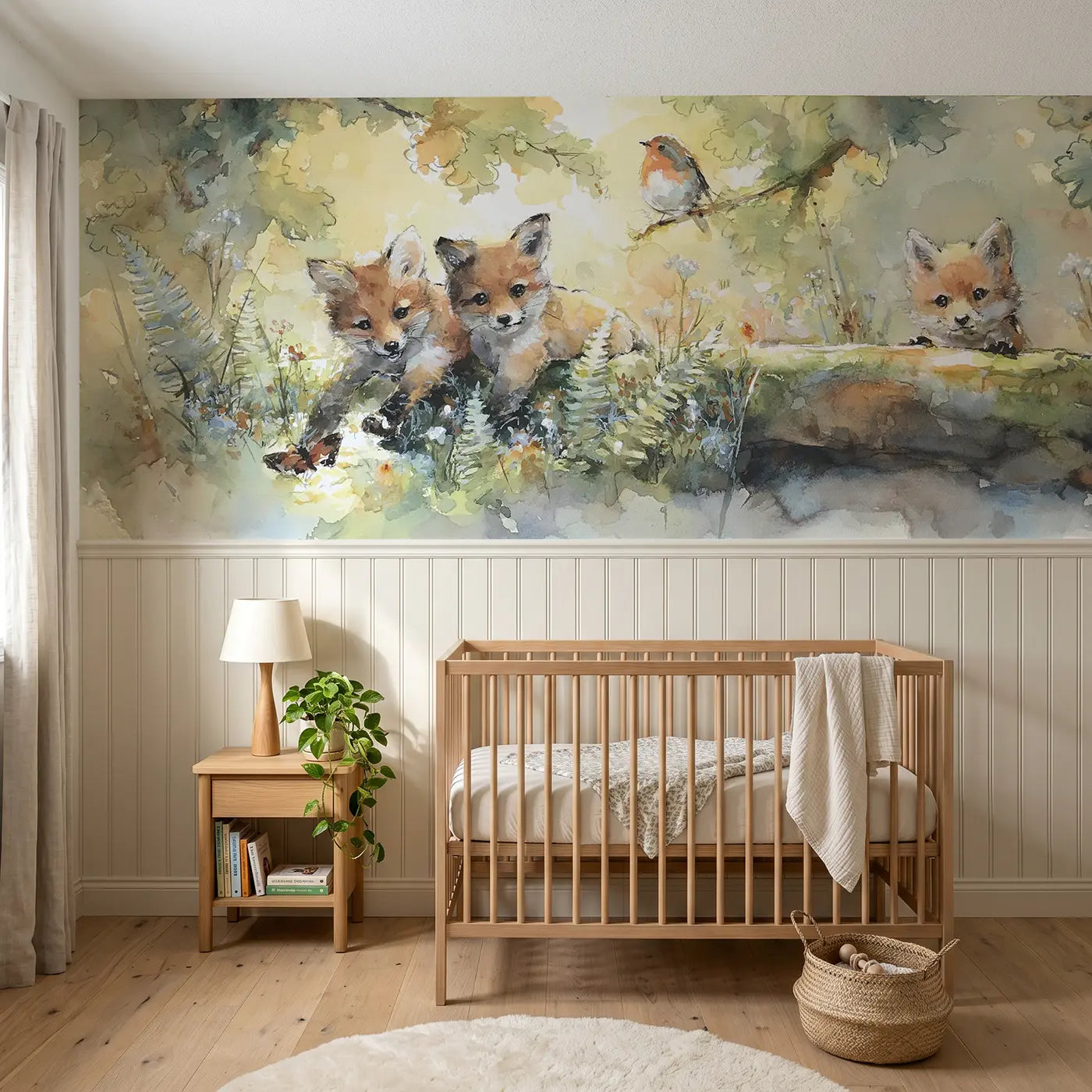Watercolor fox cubs in dappled oak sunlight wainscoting wallpaper for nursery by Whimsy Tots