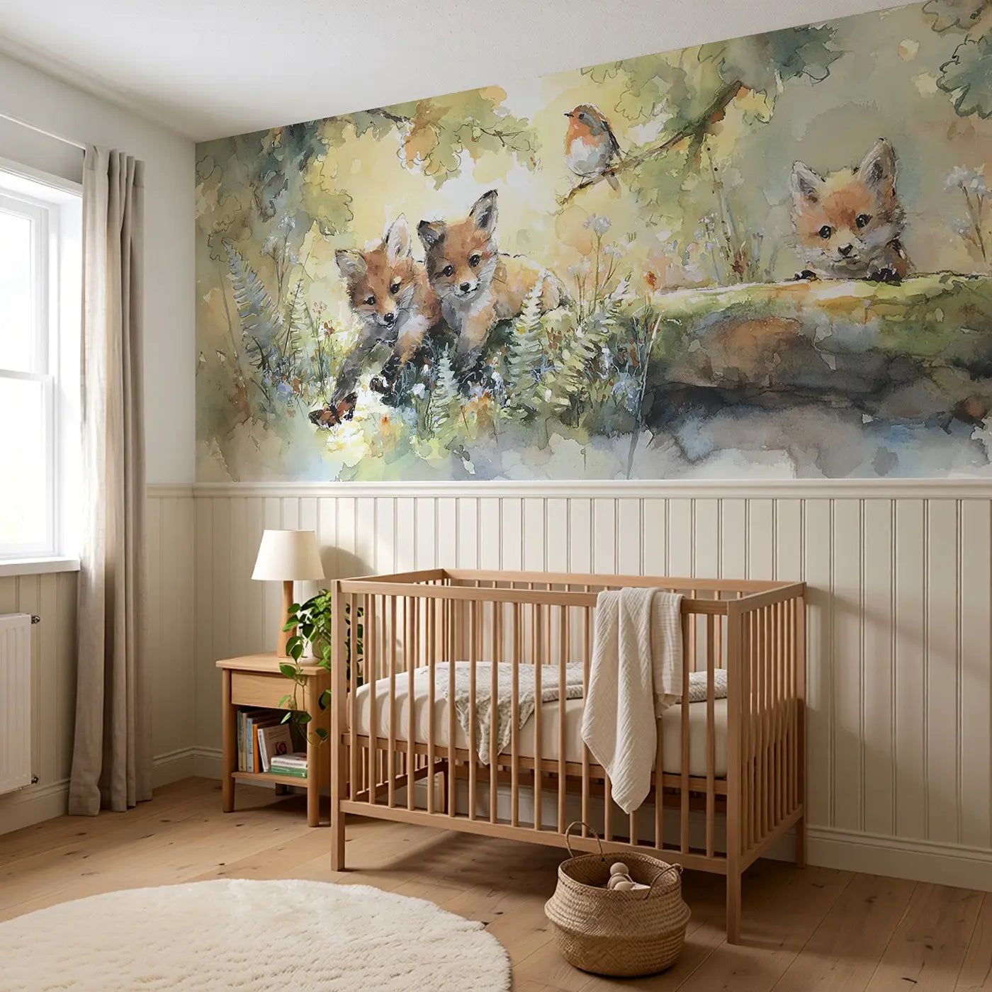 Fox Cubs Dappled Sunlight Wainscoting Wallpaper styled in a kids bedroom by Whimsy Tots