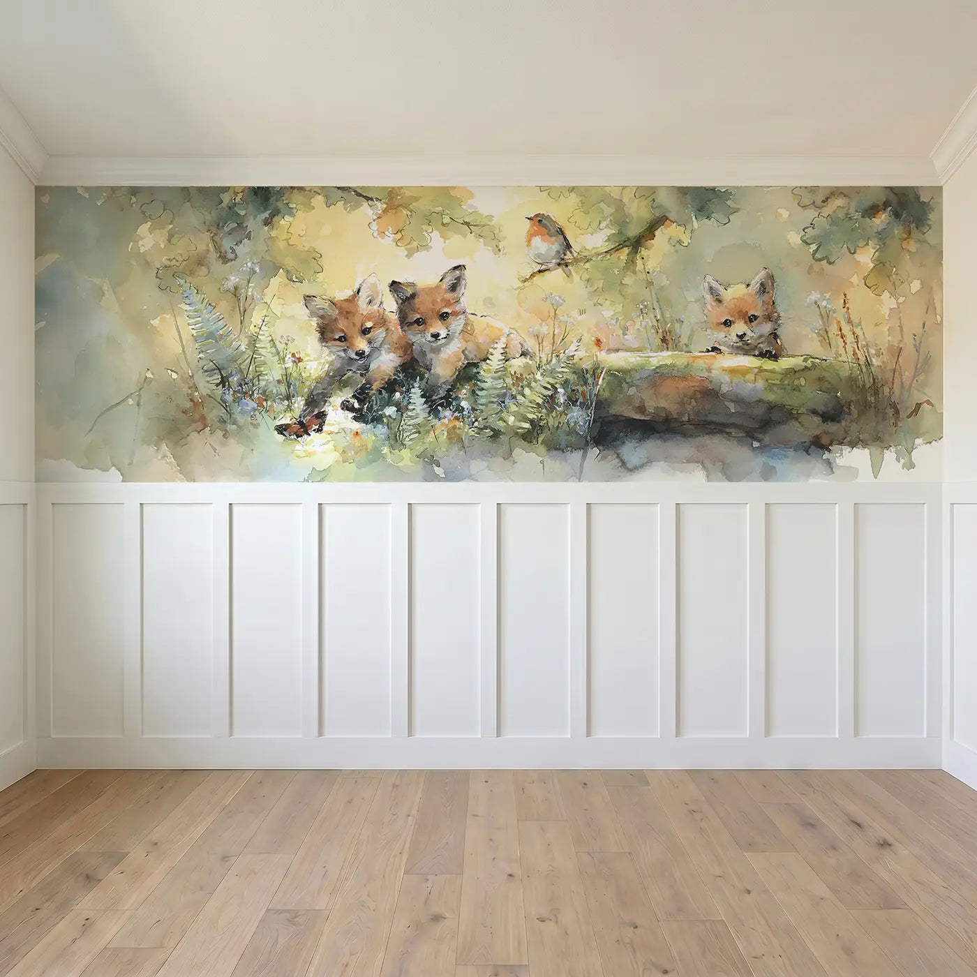 Full panel view of Fox Cubs Dappled Sunlight Wainscoting Wallpaper by Whimsy Tots