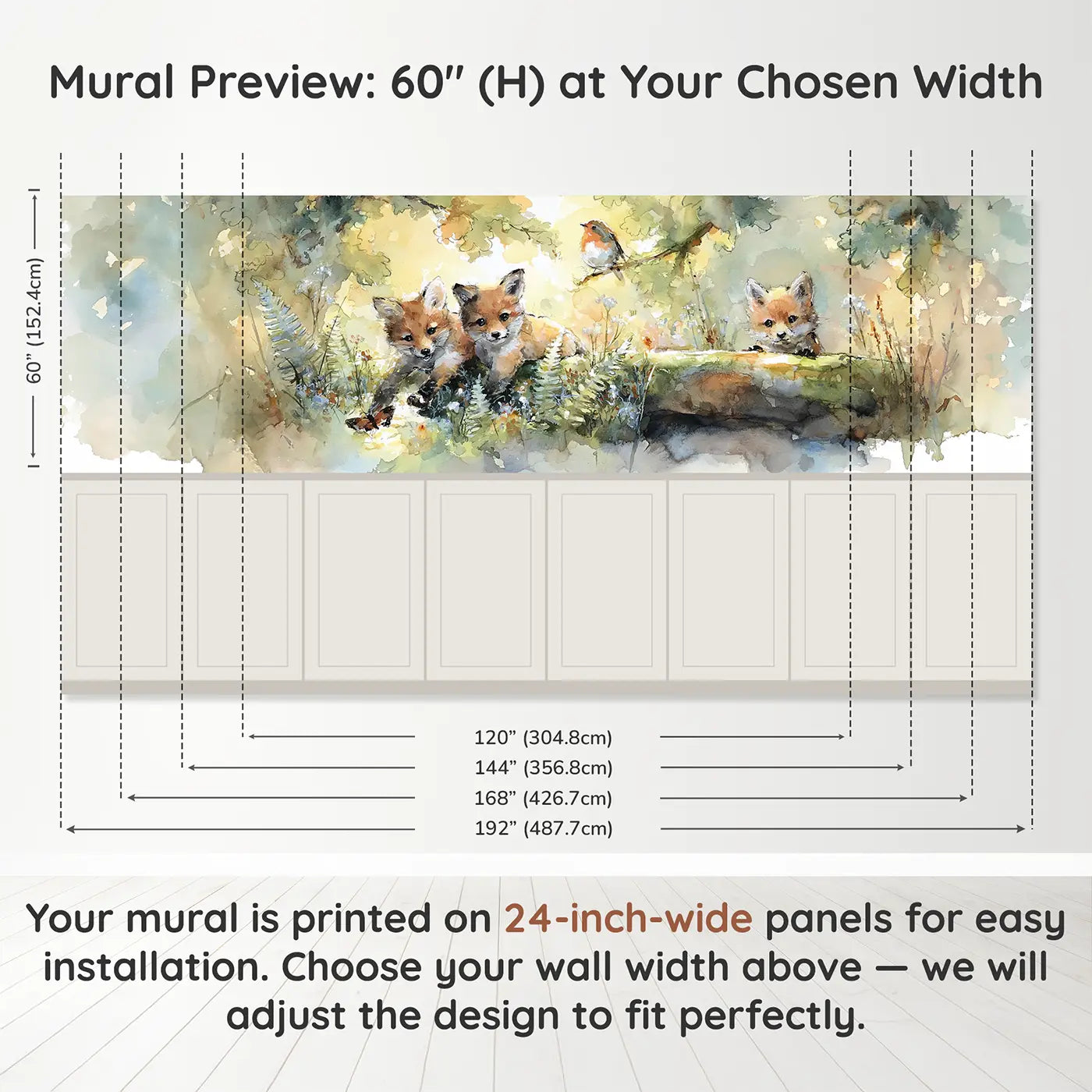 Panel dimensions for Fox Cubs Dappled Sunlight Wainscoting Wallpaper by Whimsy Tots