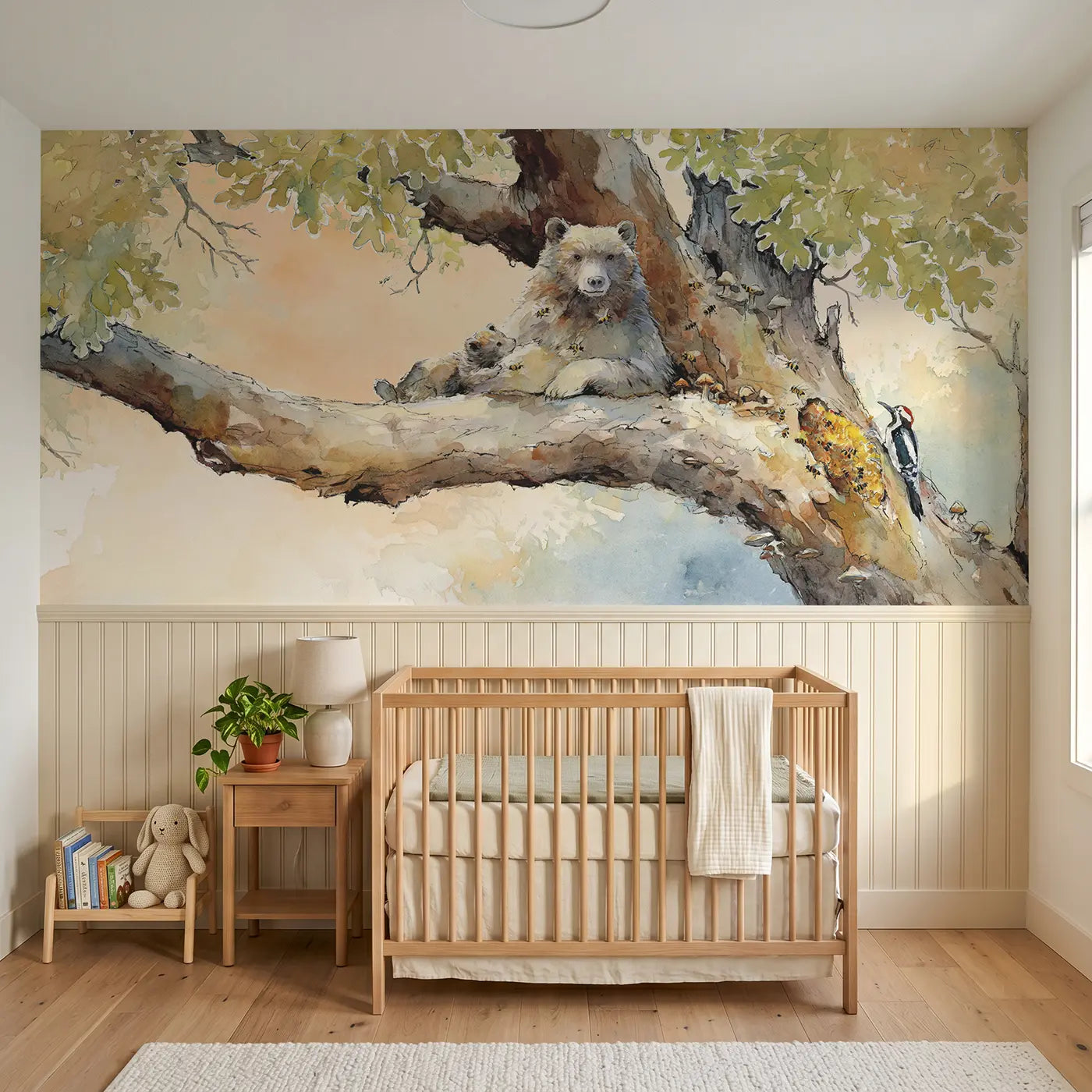 Watercolor bear and honey tree wainscoting wallpaper for nursery by Whimsy Tots