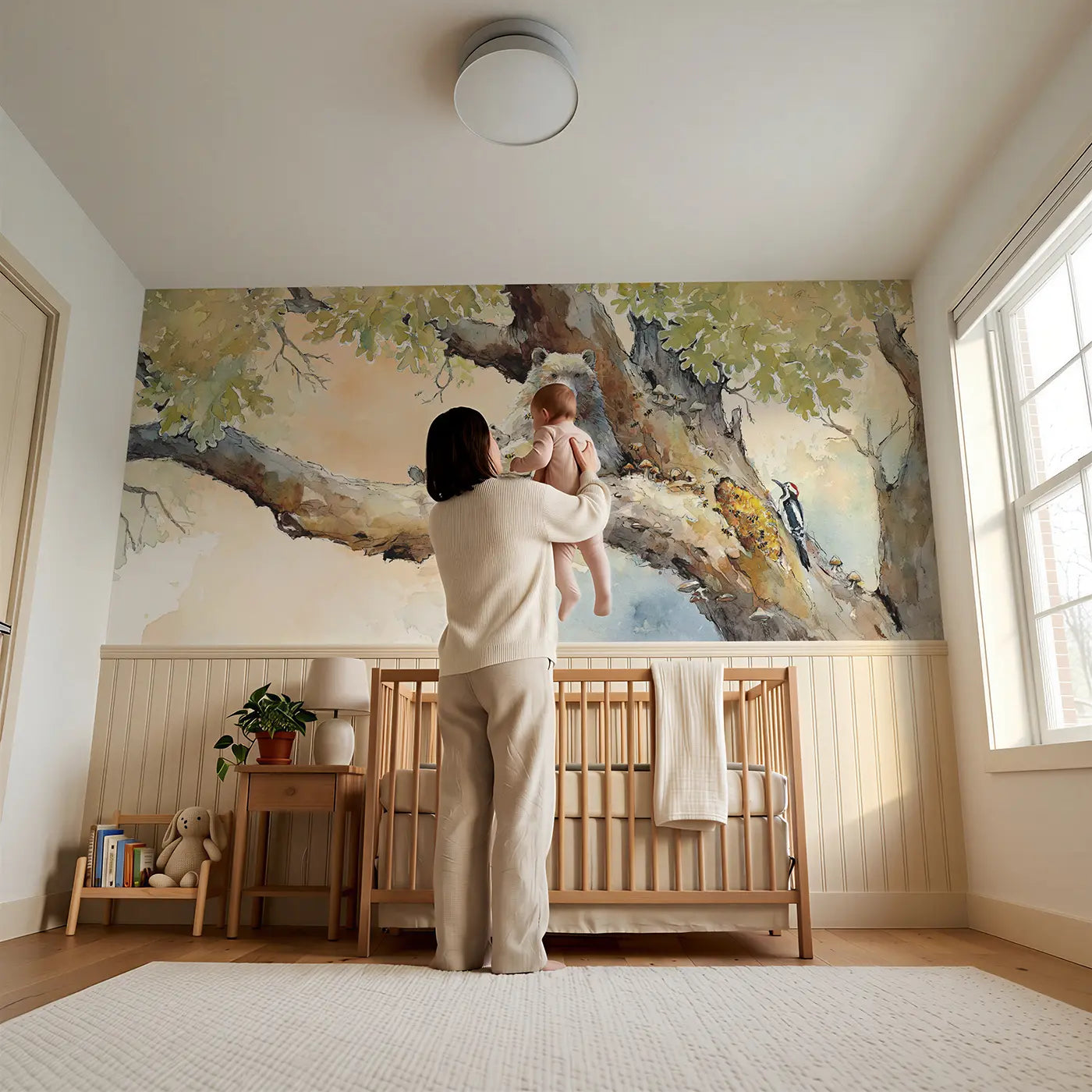 Child reading near Bear and Honey Tree Wainscoting Wallpaper by Whimsy Tots