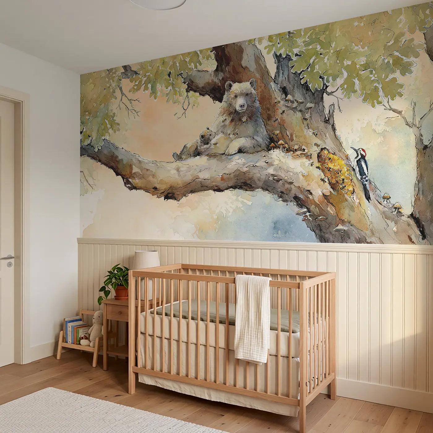 Bear and Honey Tree Wainscoting Wallpaper styled in a kids bedroom by Whimsy Tots