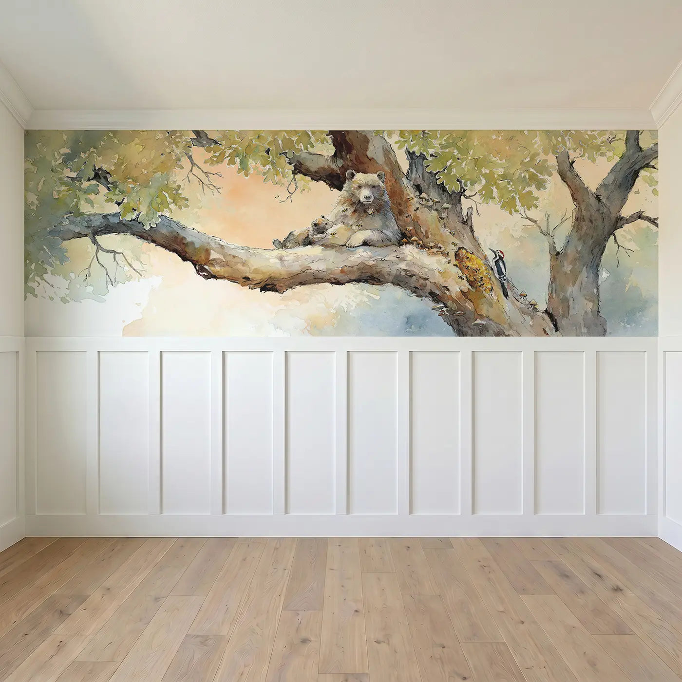 Full panel view of Bear and Honey Tree Wainscoting Wallpaper by Whimsy Tots