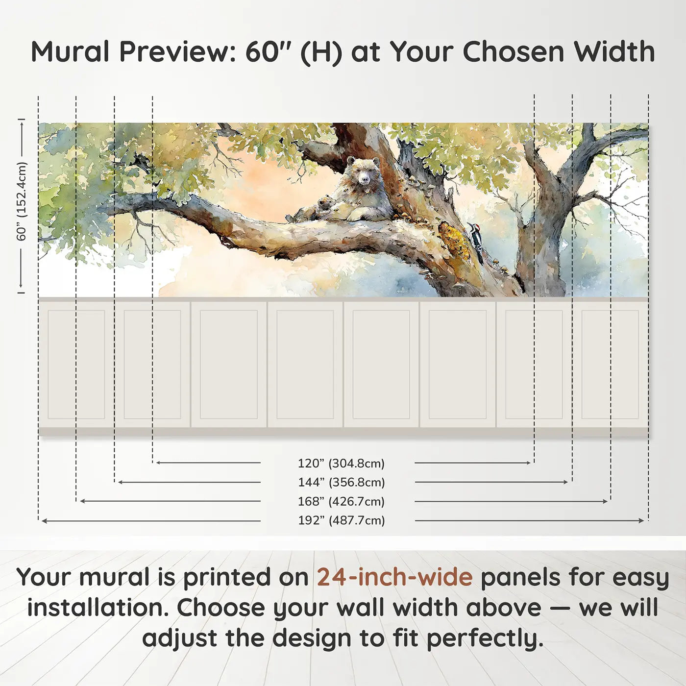 Panel dimensions for Bear and Honey Tree Wainscoting Wallpaper by Whimsy Tots