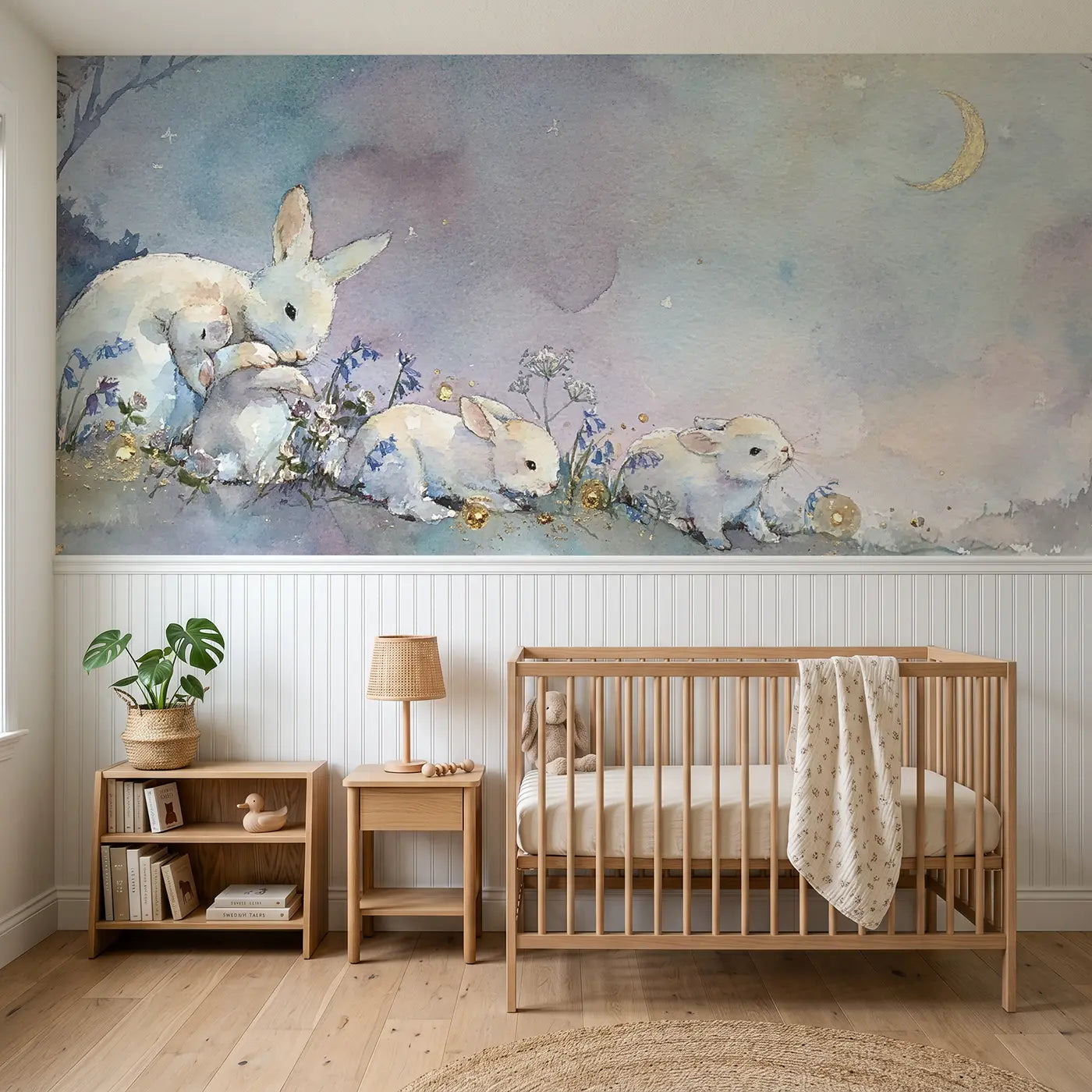 Watercolor twilight rabbit warren wainscoting wallpaper for nursery by Whimsy Tots