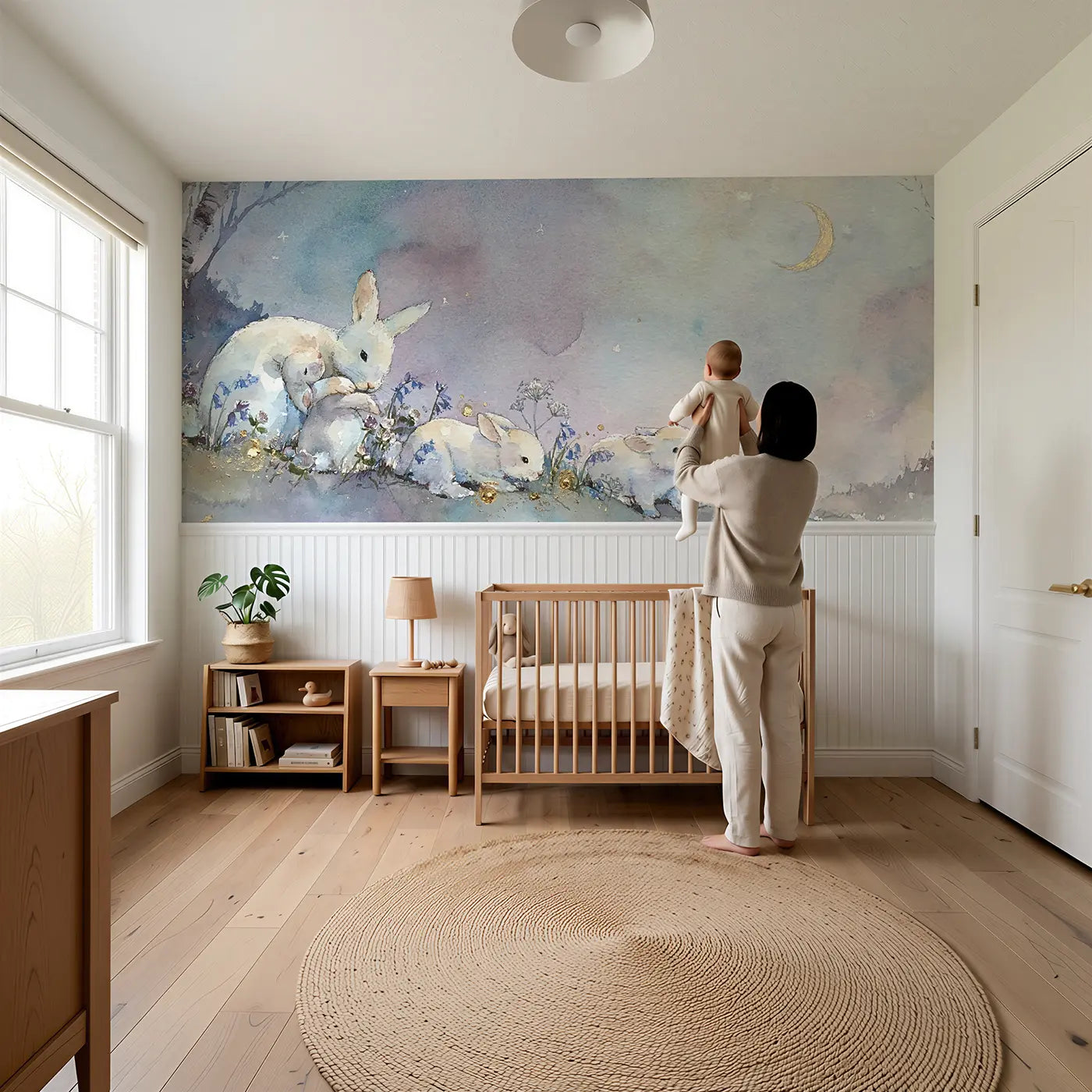 Child reading near Twilight Rabbit Warren Wainscoting Wallpaper by Whimsy Tots