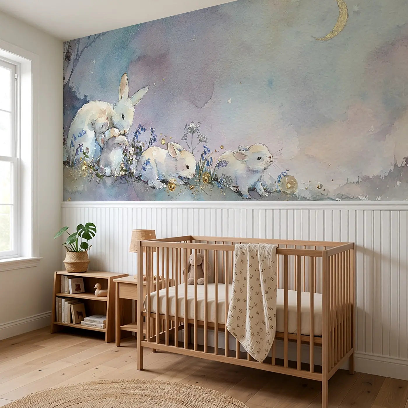 Twilight Rabbit Warren Wainscoting Wallpaper styled in a kids bedroom by Whimsy Tots