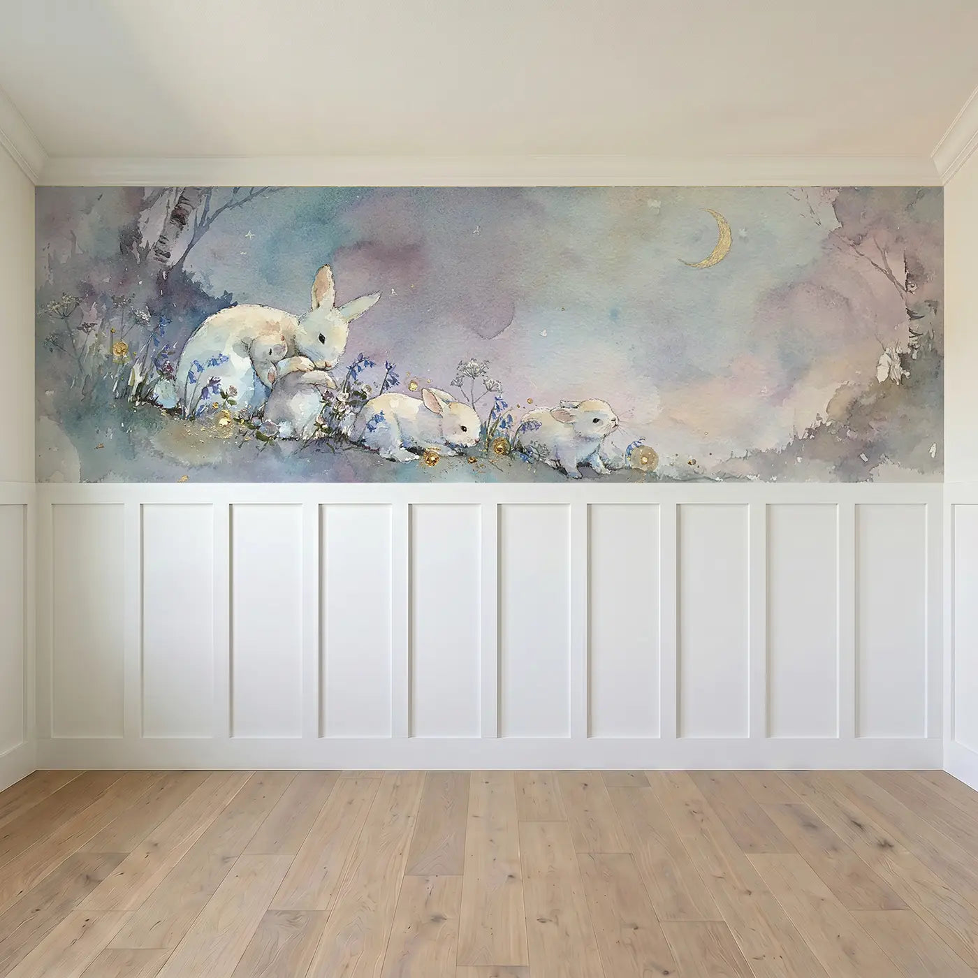 Full panel view of Twilight Rabbit Warren Wainscoting Wallpaper by Whimsy Tots