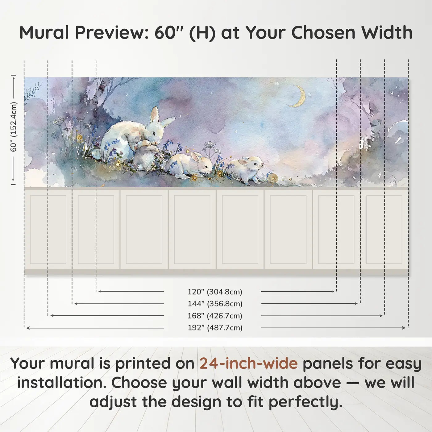 Panel dimensions for Twilight Rabbit Warren Wainscoting Wallpaper by Whimsy Tots