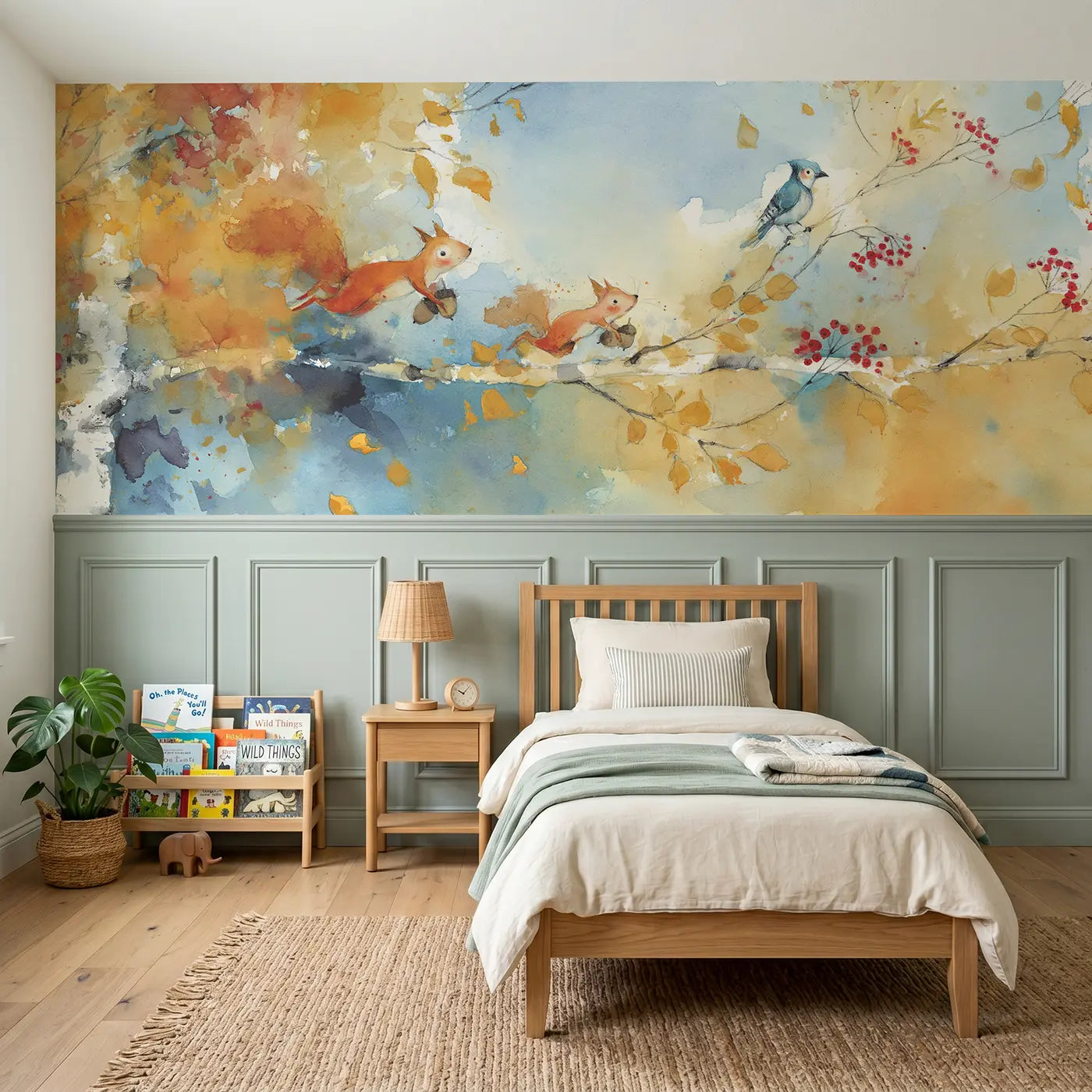 Watercolor autumn squirrel birch canopy wainscoting wallpaper for bedroom by Whimsy Tots