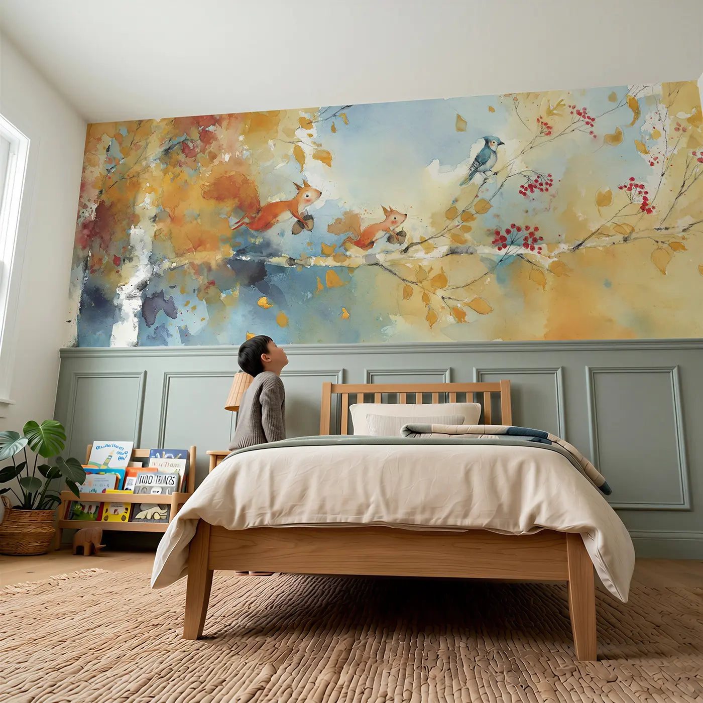 Child reading near Autumn Squirrel Birch Canopy Wainscoting Wallpaper by Whimsy Tots