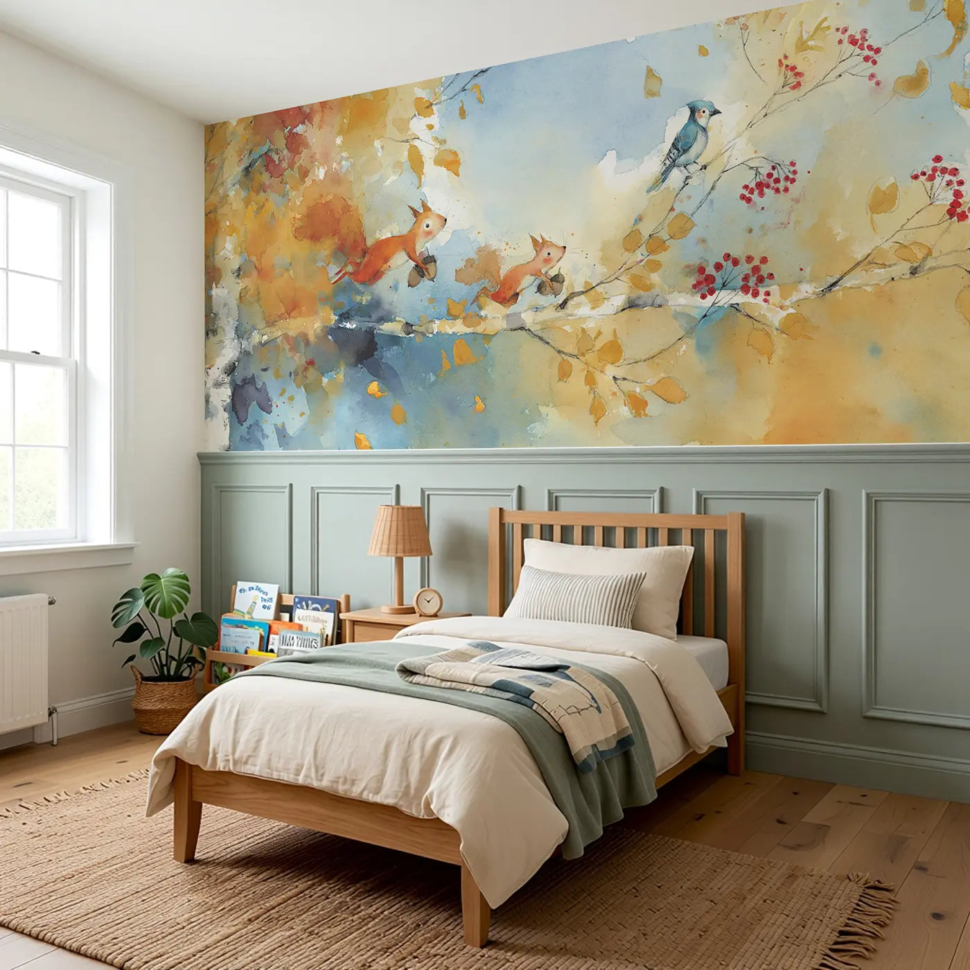 Autumn Squirrel Birch Canopy Wainscoting Wallpaper styled in a kids bedroom by Whimsy Tots