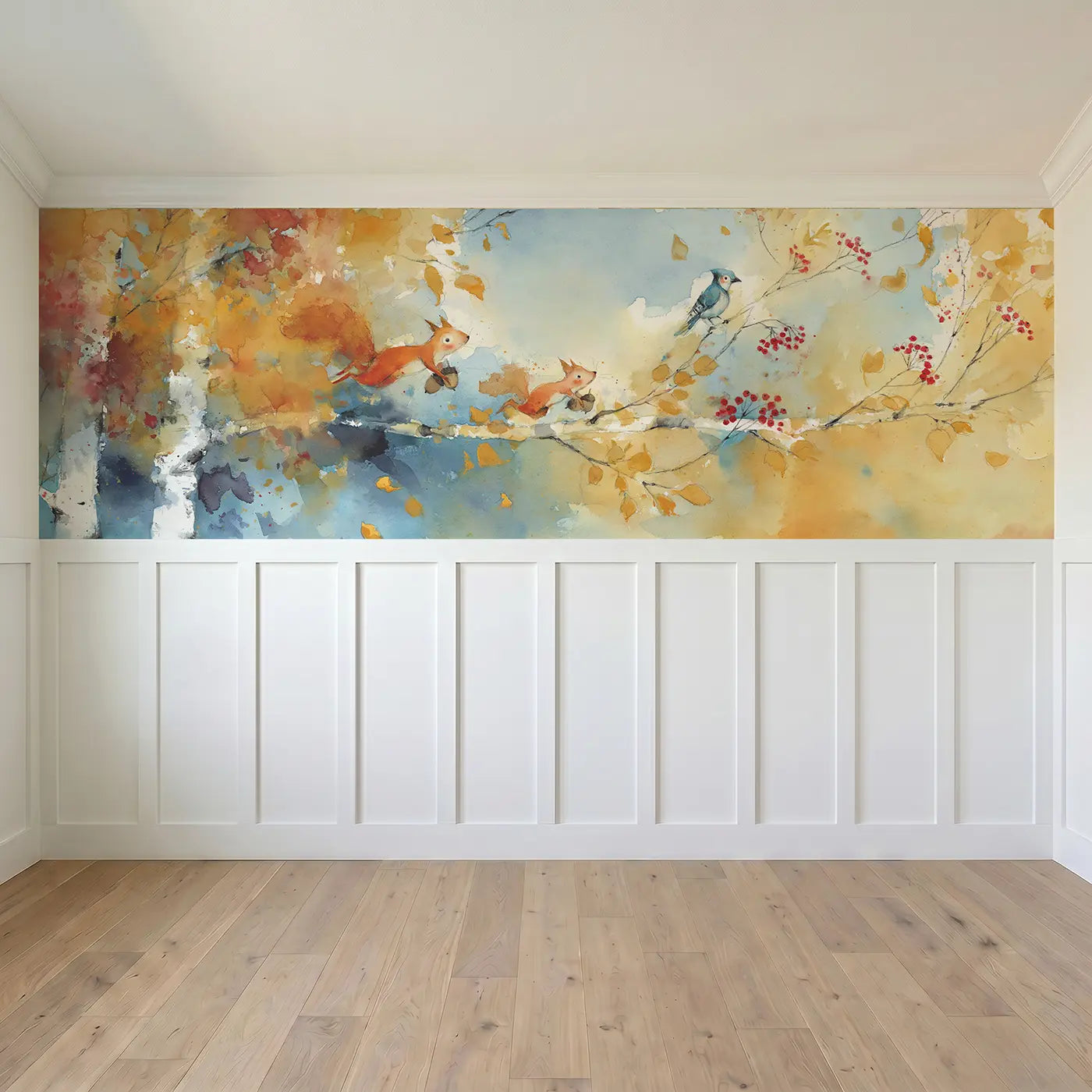 Full panel view of Autumn Squirrel Birch Canopy Wainscoting Wallpaper by Whimsy Tots