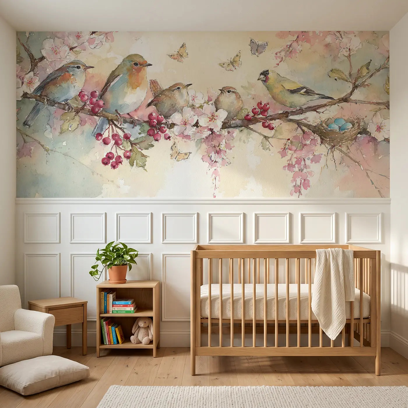 Watercolor songbirds and berry branch wainscoting wallpaper for nursery by Whimsy Tots