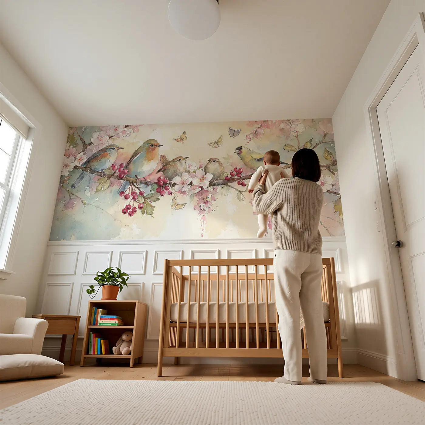 Child reading near Berry Branch Songbirds Wainscoting Wallpaper by Whimsy Tots
