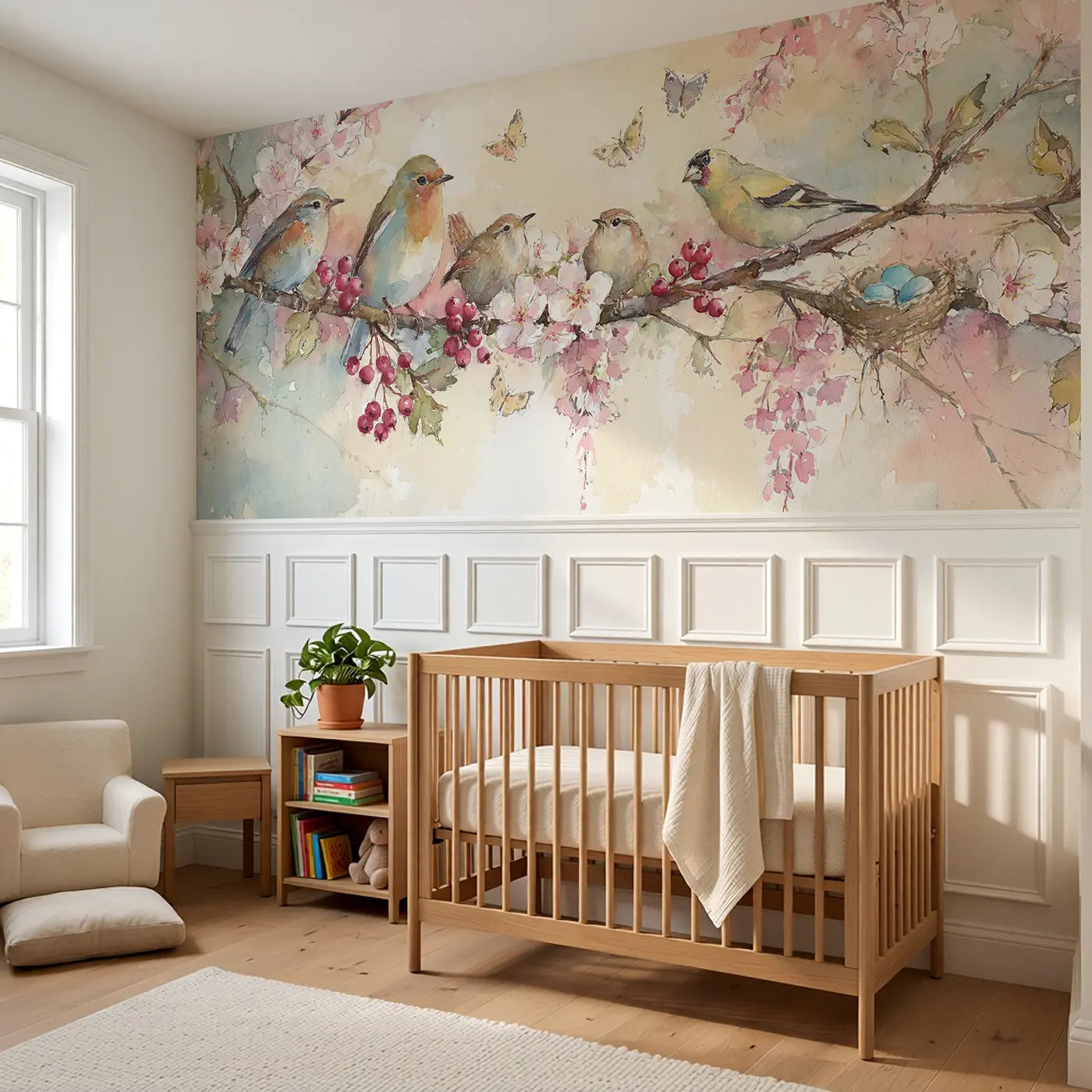 Berry Branch Songbirds Wainscoting Wallpaper styled in a kids bedroom by Whimsy Tots