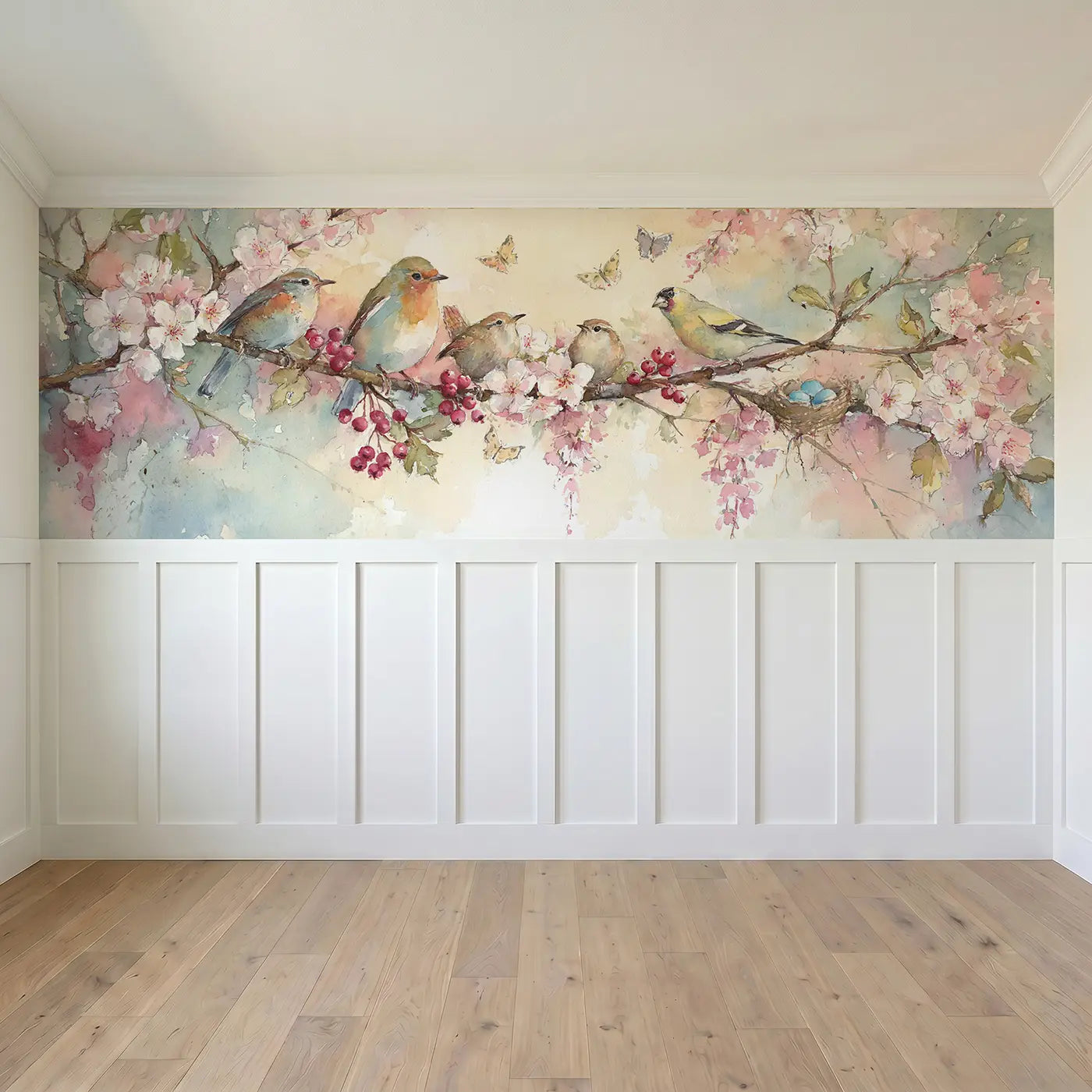 Full panel view of Berry Branch Songbirds Wainscoting Wallpaper by Whimsy Tots