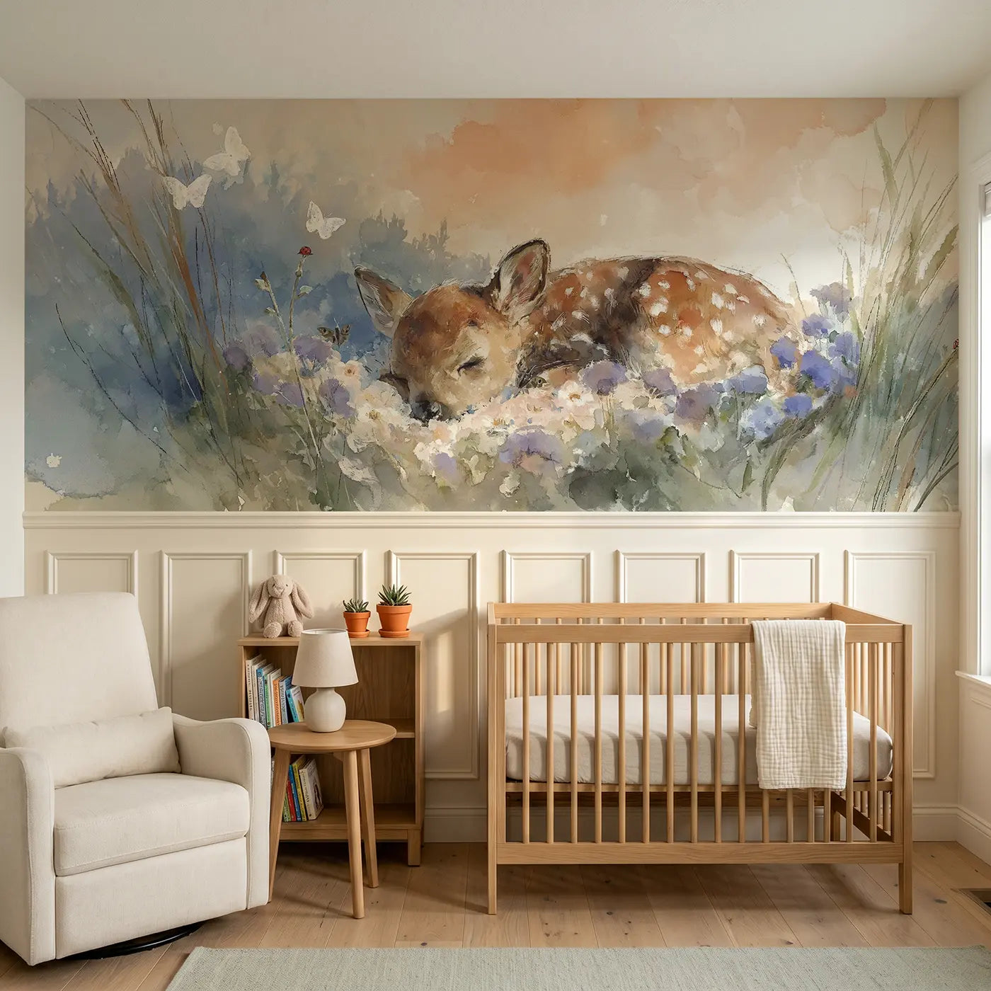 Watercolor sleeping fawn wildflower meadow wainscoting wallpaper for nursery by Whimsy Tots