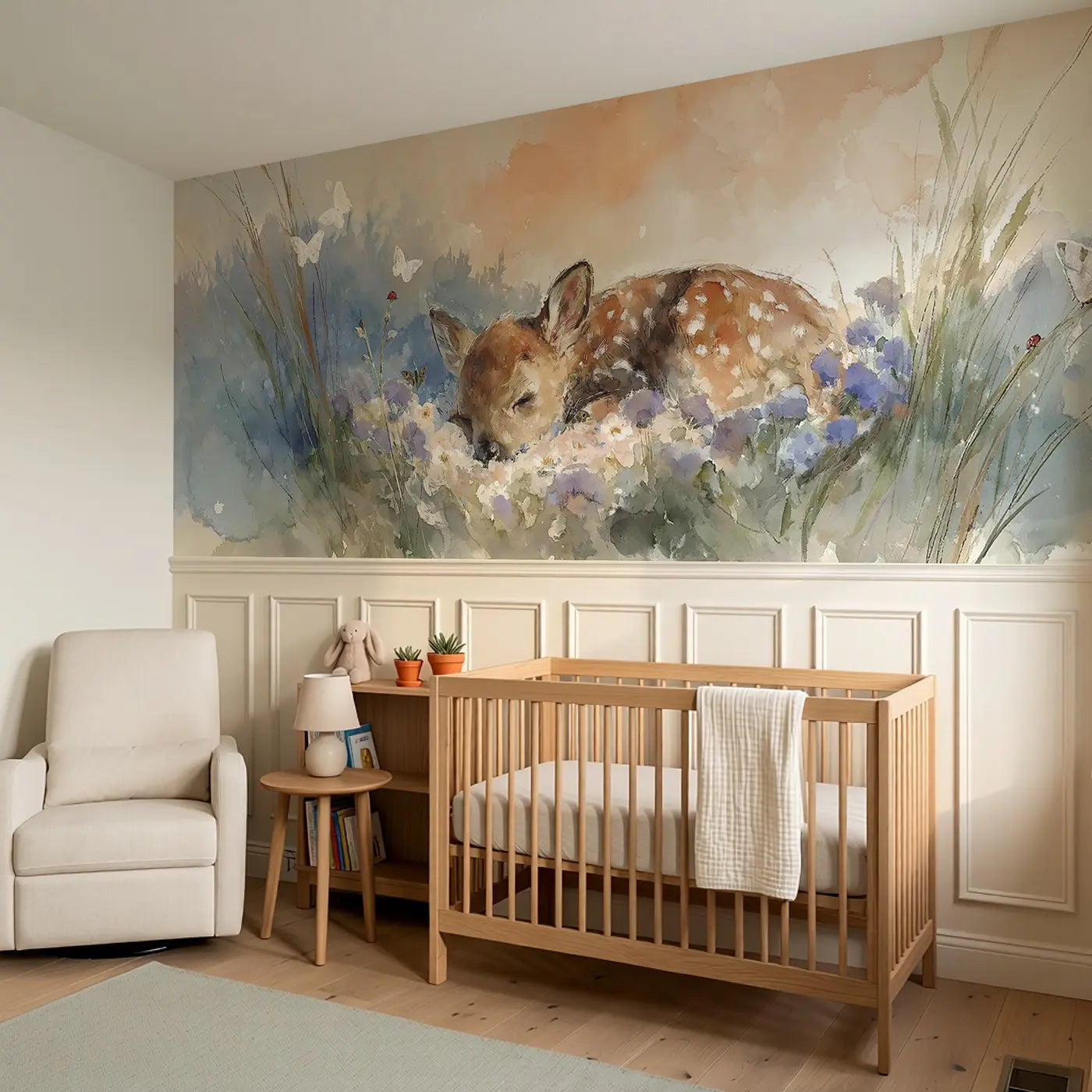 Sleeping Fawn Wildflower Meadow Wainscoting Wallpaper styled in a kids bedroom by Whimsy Tots